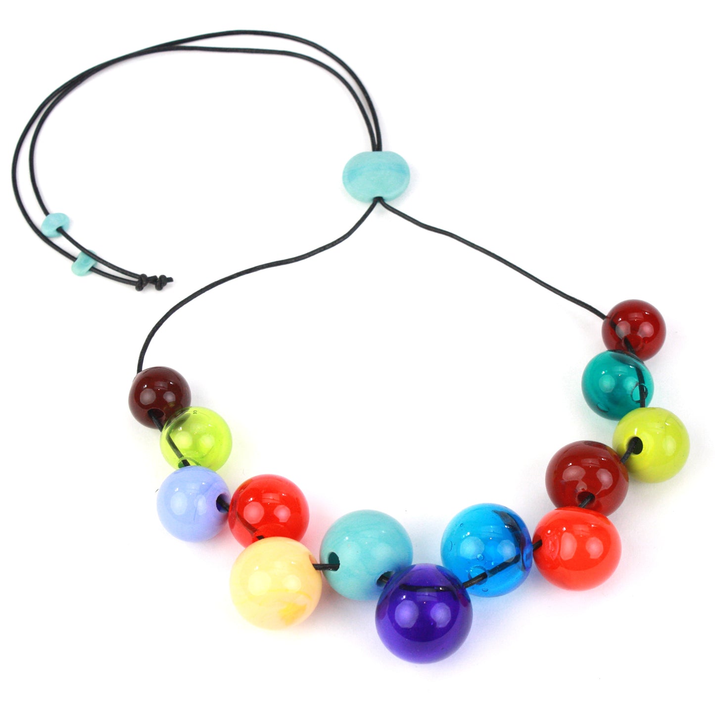 Bright Offset Bolla Necklace with hand-blown glass beads in vivid rainbow colors. Adjustable length from 36" to choker on black leather cord. Bold and playful style!