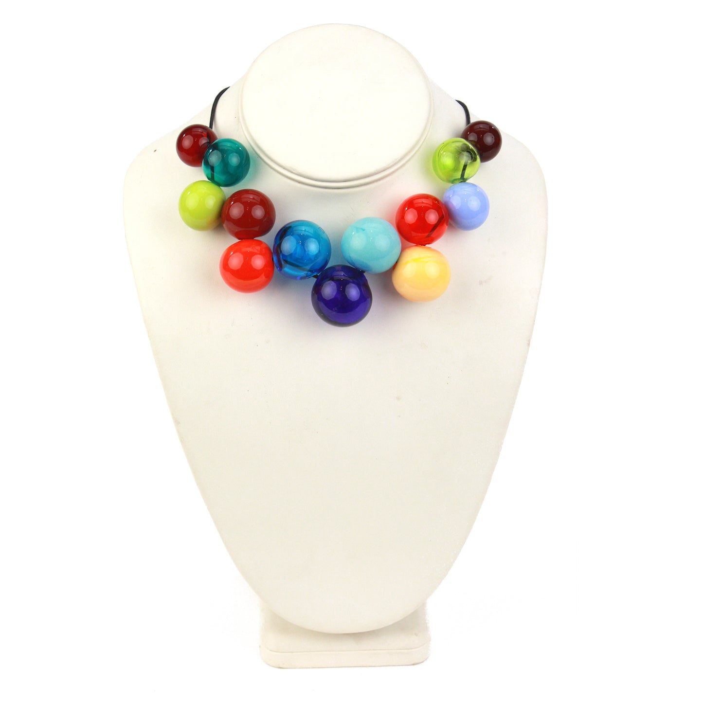 Bright Offset Bolla Necklace with hand-blown glass beads in vivid rainbow colors. Adjustable length from 36" to choker on black leather cord. Bold and playful style!