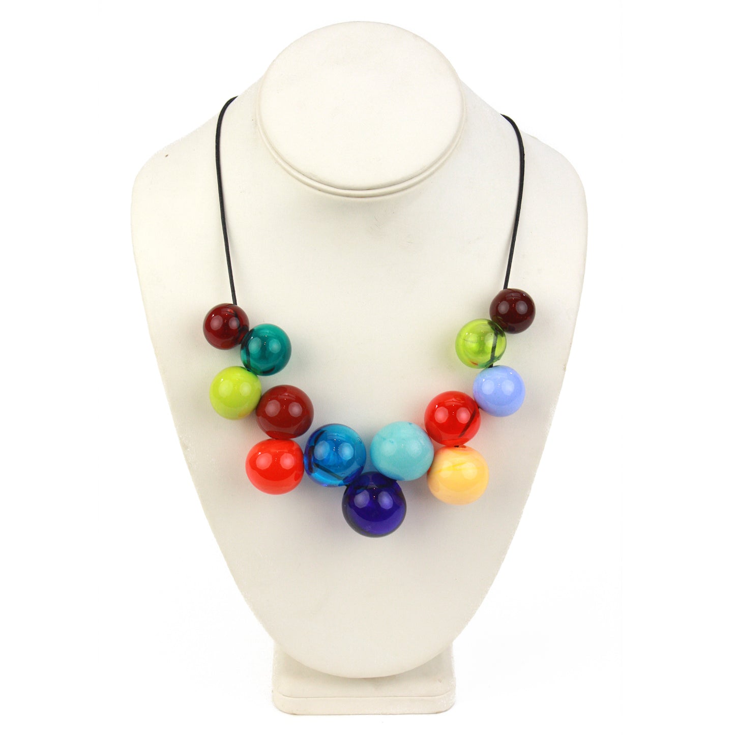 Bright Offset Bolla Necklace with hand-blown glass beads in vivid rainbow colors. Adjustable length from 36" to choker on black leather cord. Bold and playful style!