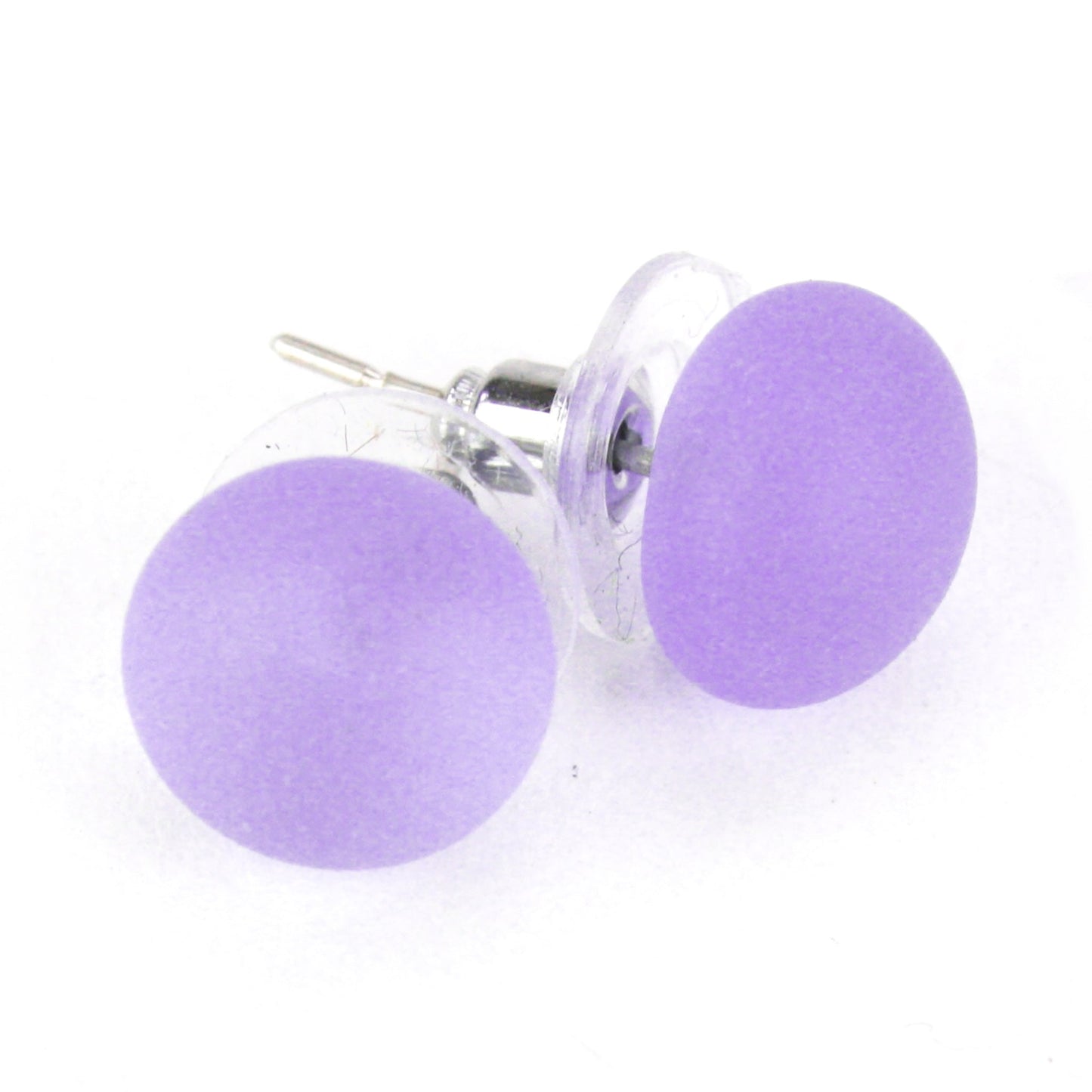 Small frosted glass stud earrings that change from purple to blue under fluorescent light, with sterling silver posts and clear earring backs.