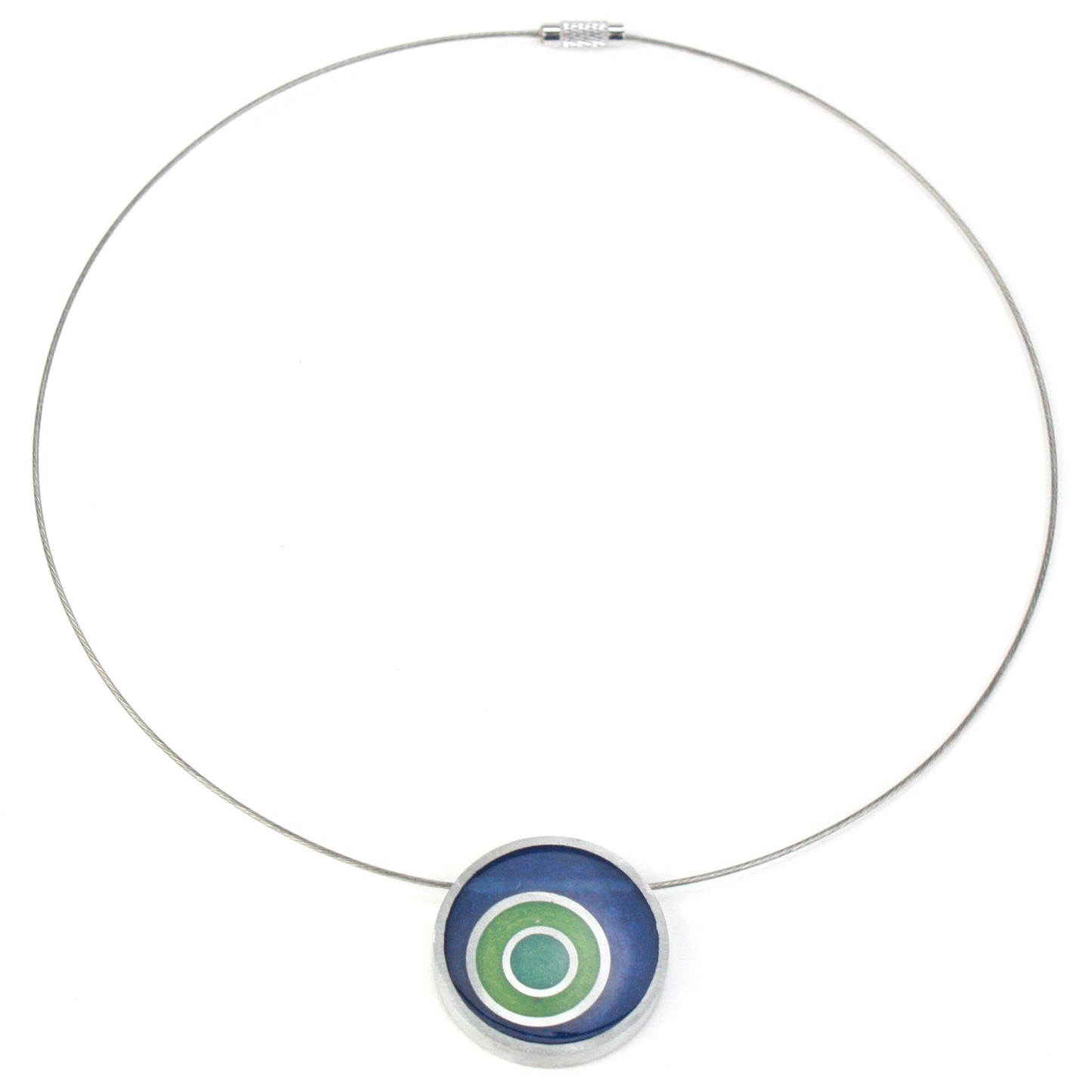 Resinique triple circle necklace with a dark blue, seafoam, and turquoise concentric circle resin and salvaged aluminum pendant on a choker-length steel cord.