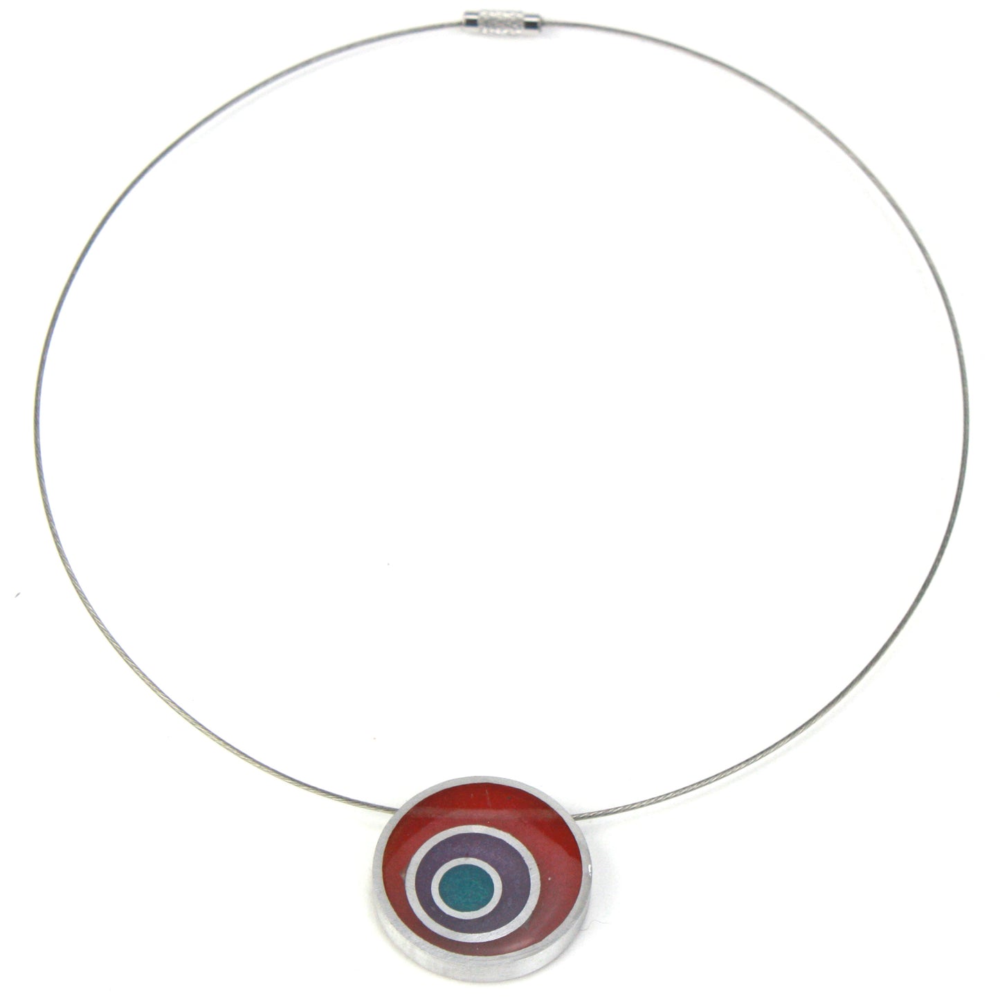 Resinique triple circle necklace with a purple, seafoam, and yellow concentric circle resin and salvaged aluminum pendant on a choker-length steel cord.