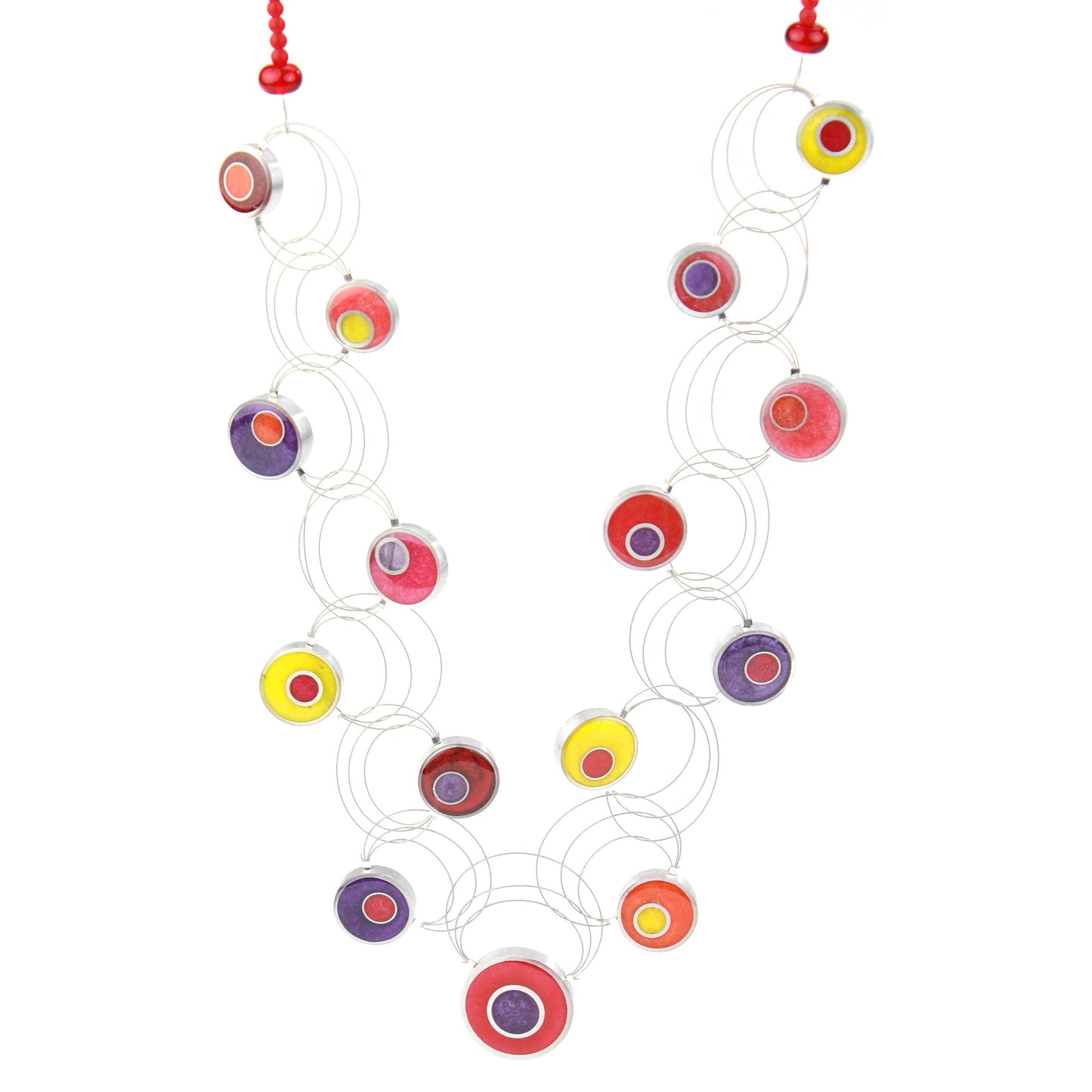 A handcrafted necklace featuring intertwining steel cables with eco-resin and salvaged aluminum beads in warm shades of red, orange, yellow, and purple.