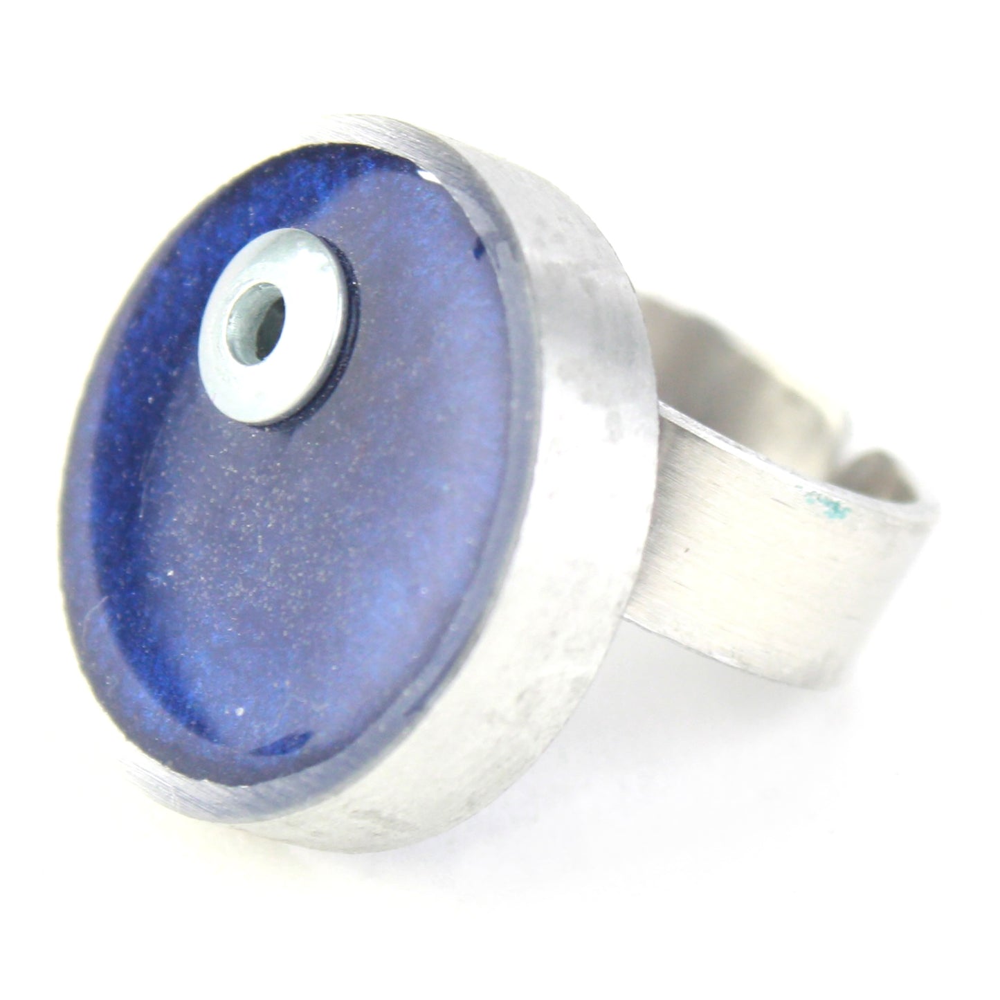 Dark blue Resinique Single Circle Ring featuring a salvaged aluminum setting and fully adjustable aluminum band.