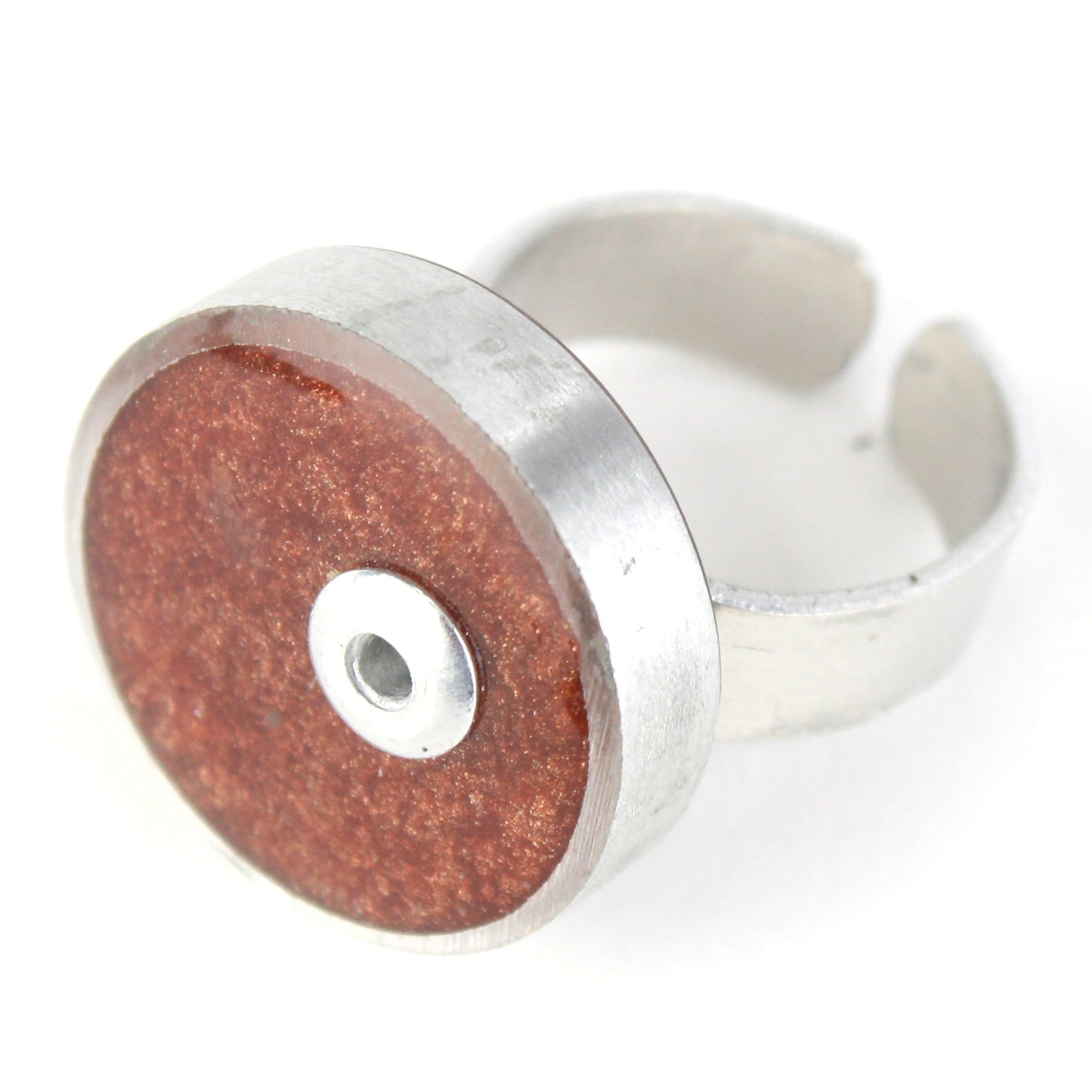 Copper Resinique Single Circle Ring featuring a salvaged aluminum setting and fully adjustable band.