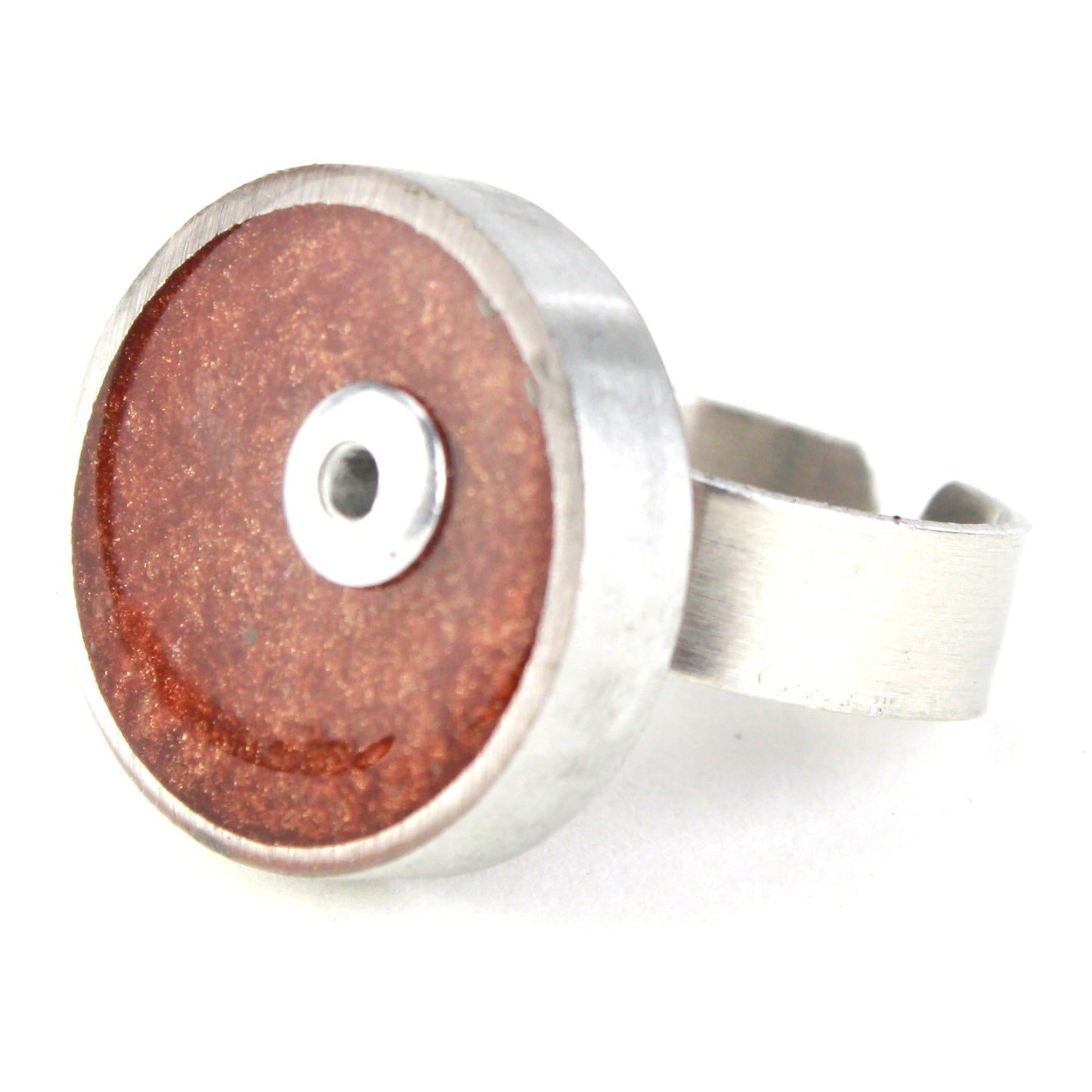 Copper Resinique Single Circle Ring featuring a salvaged aluminum setting and fully adjustable band.