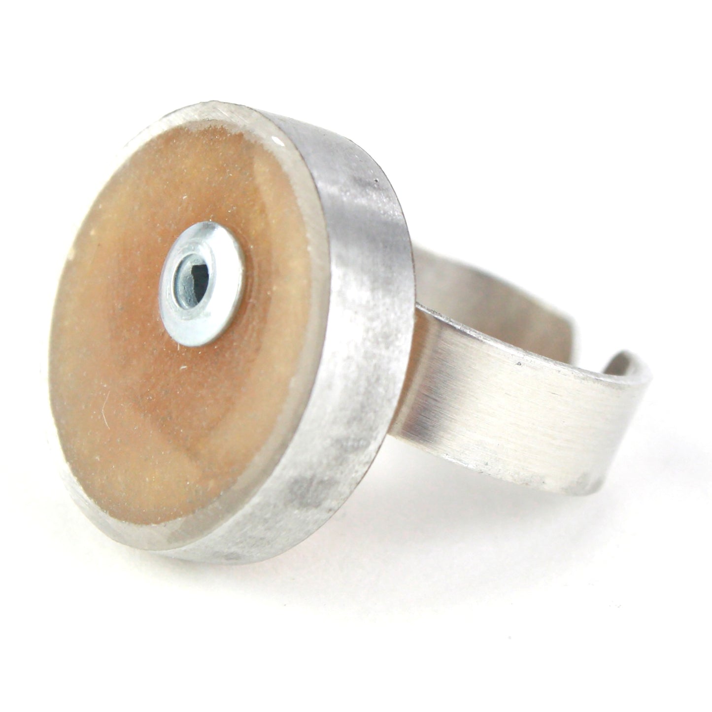 Gold Resinique Single Circle Ring with salvaged aluminum setting and adjustable band, featuring a soft golden eco-resin centerpiece.