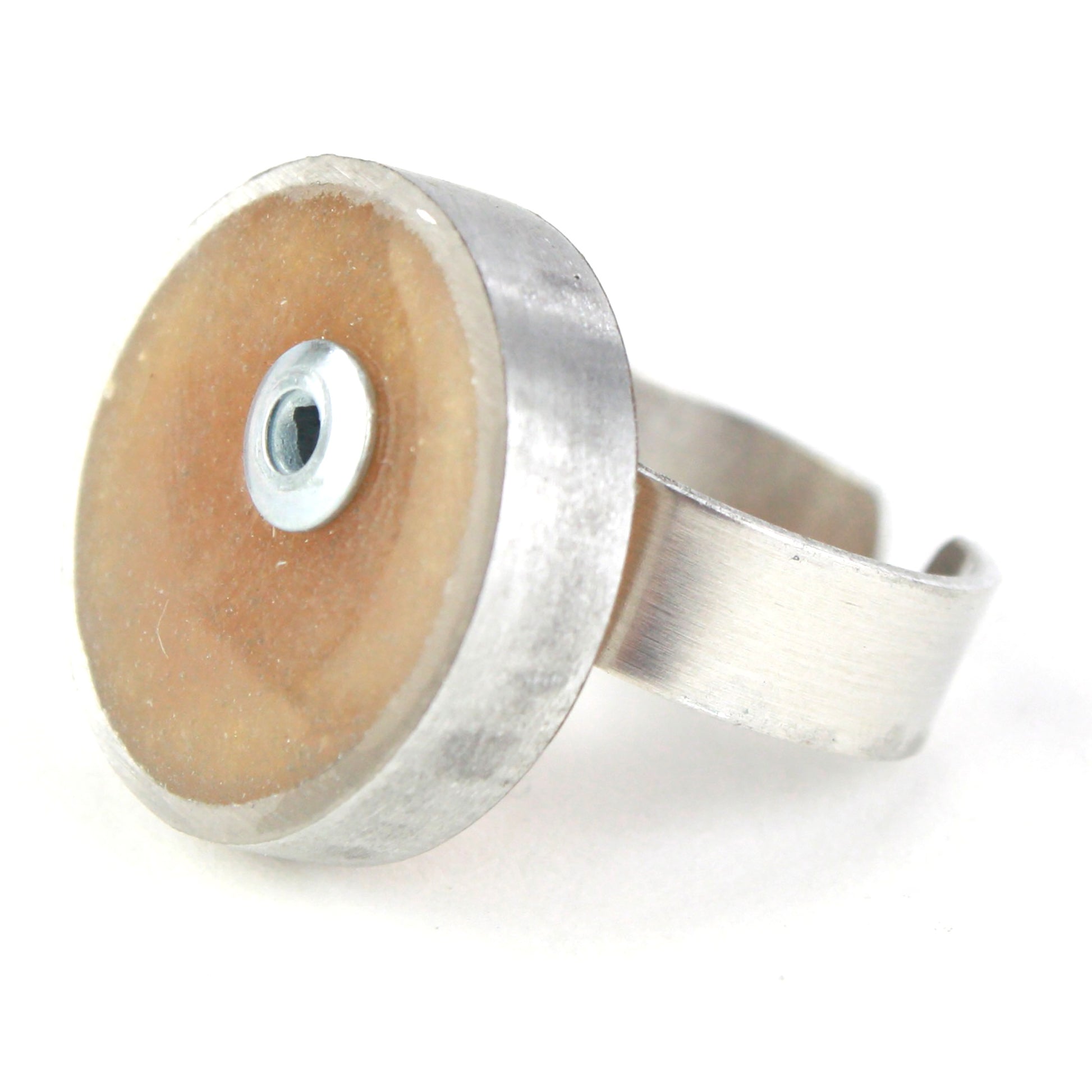 Gold Resinique Single Circle Ring with salvaged aluminum setting and adjustable band, featuring a soft golden eco-resin centerpiece.