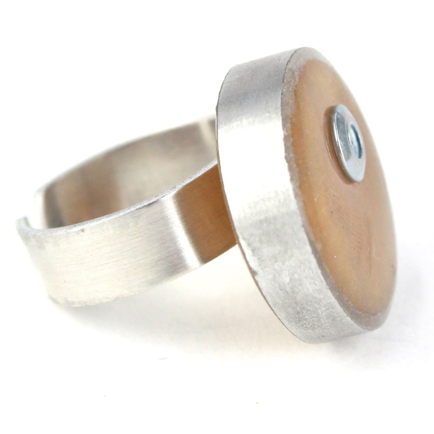 Gold Resinique Single Circle Ring with salvaged aluminum setting and adjustable band, featuring a soft golden eco-resin centerpiece.
