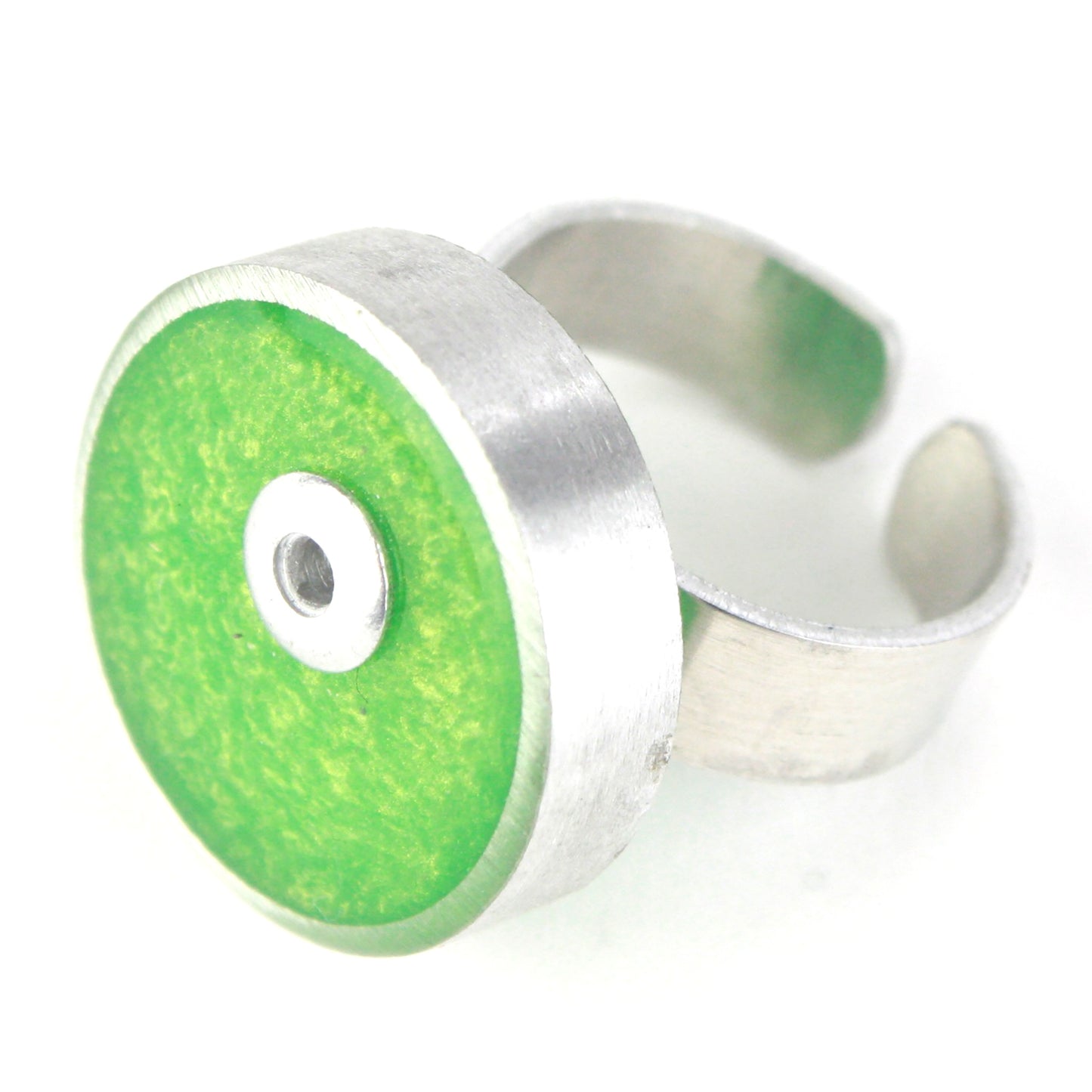 Gold Resinique Single Circle Ring with salvaged aluminum setting and adjustable band, featuring a soft golden eco-resin centerpiece.