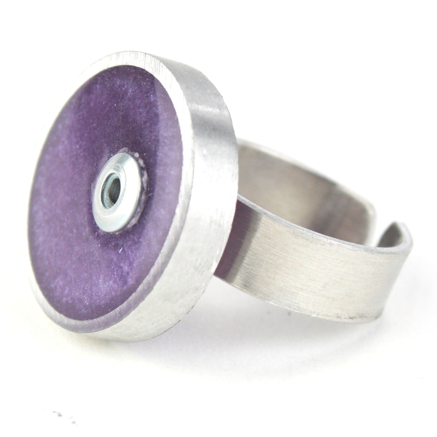 Lavender Resinique Single Circle Ring with a soft eco-resin disc set in a salvaged aluminum band. Adjustable ring band for a personalized fit.