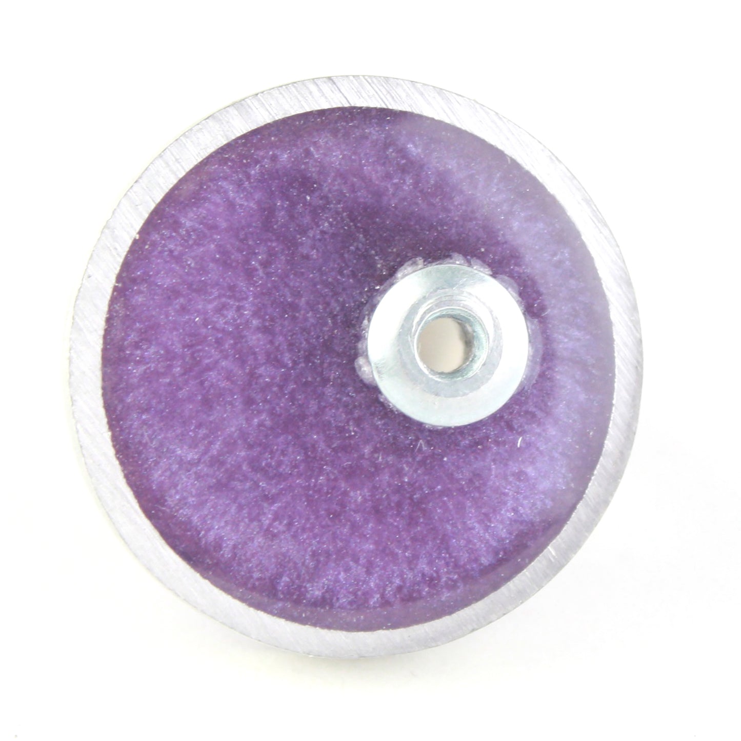 Lavender Resinique Single Circle Ring with a soft eco-resin disc set in a salvaged aluminum band. Adjustable ring band for a personalized fit.