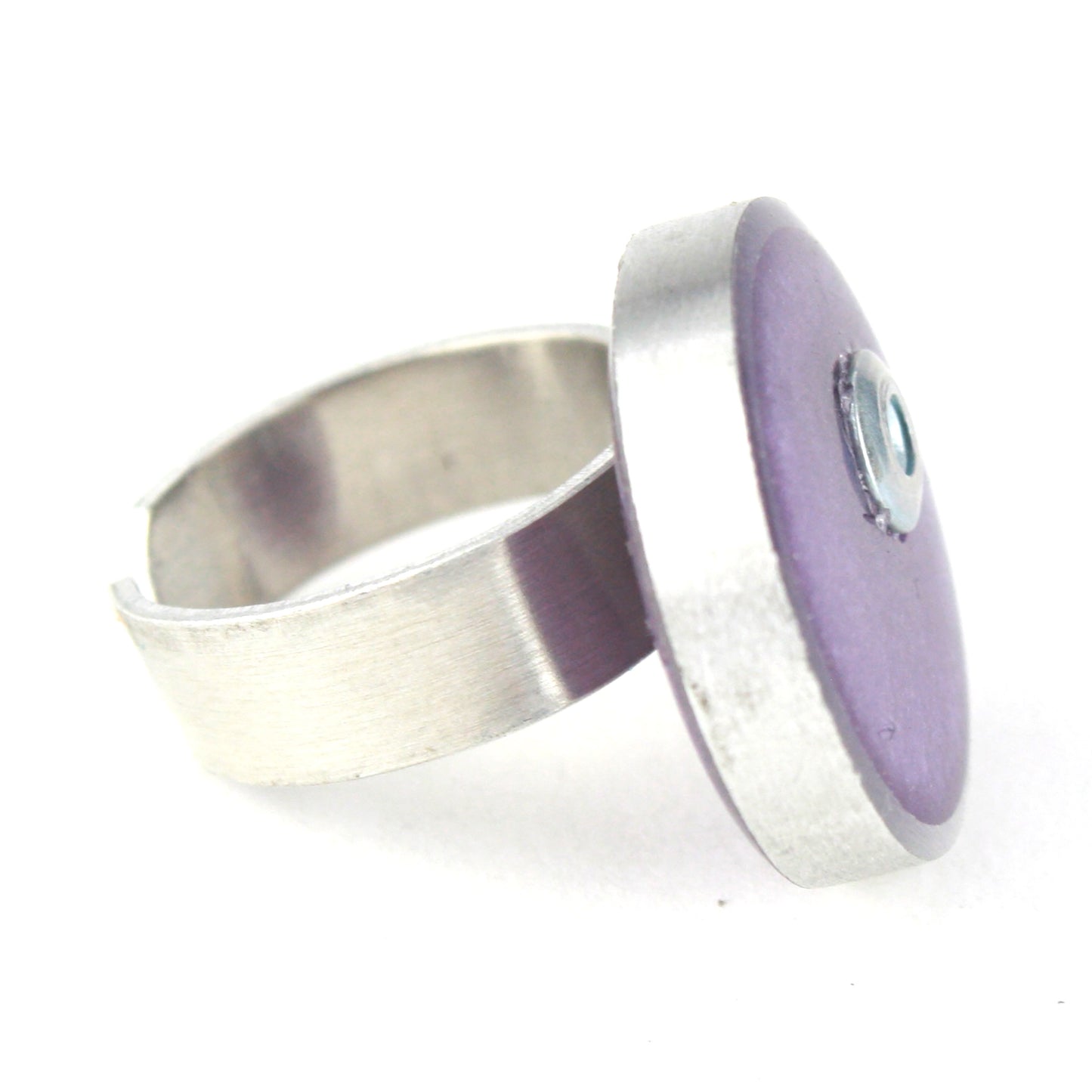 Lavender Resinique Single Circle Ring with a soft eco-resin disc set in a salvaged aluminum band. Adjustable ring band for a personalized fit.