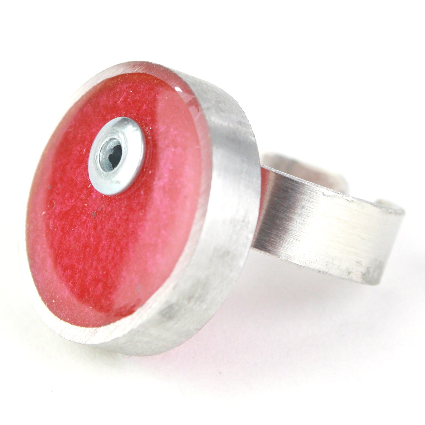 Bright red Resinique Single Circle Ring with a vivid eco-resin disc set in a salvaged aluminum band. Fully adjustable for a perfect fit.