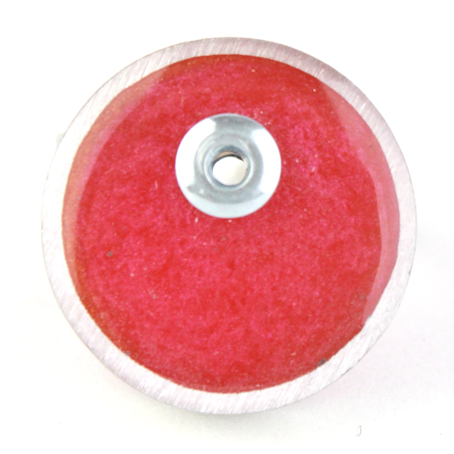 Bright red Resinique Single Circle Ring with a vivid eco-resin disc set in a salvaged aluminum band. Fully adjustable for a perfect fit.
