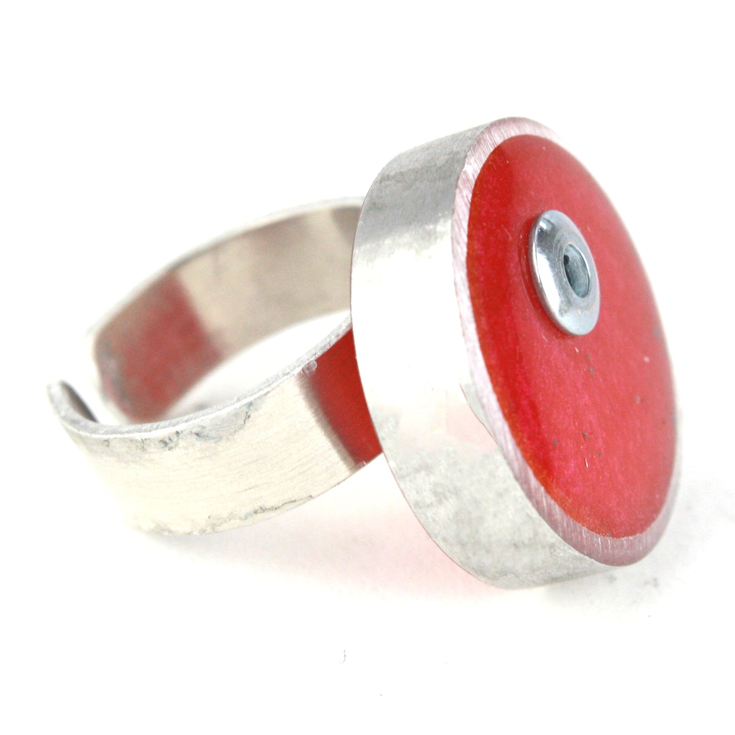 Bright red Resinique Single Circle Ring with a vivid eco-resin disc set in a salvaged aluminum band. Fully adjustable for a perfect fit.
