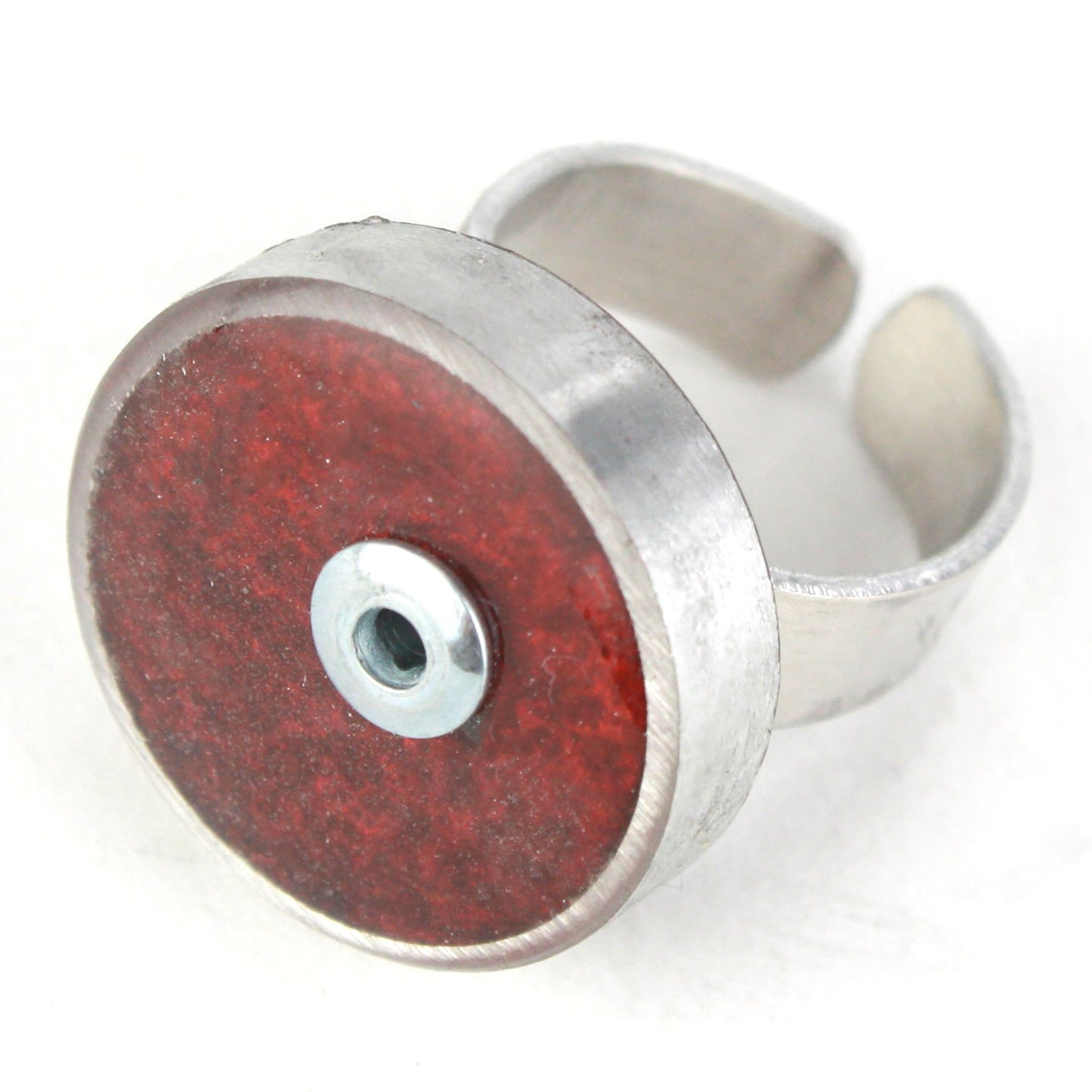 Ruby red Resinique Single Circle Ring with a deep eco-resin centerpiece set in a salvaged aluminum band. Adjustable for a custom fit.