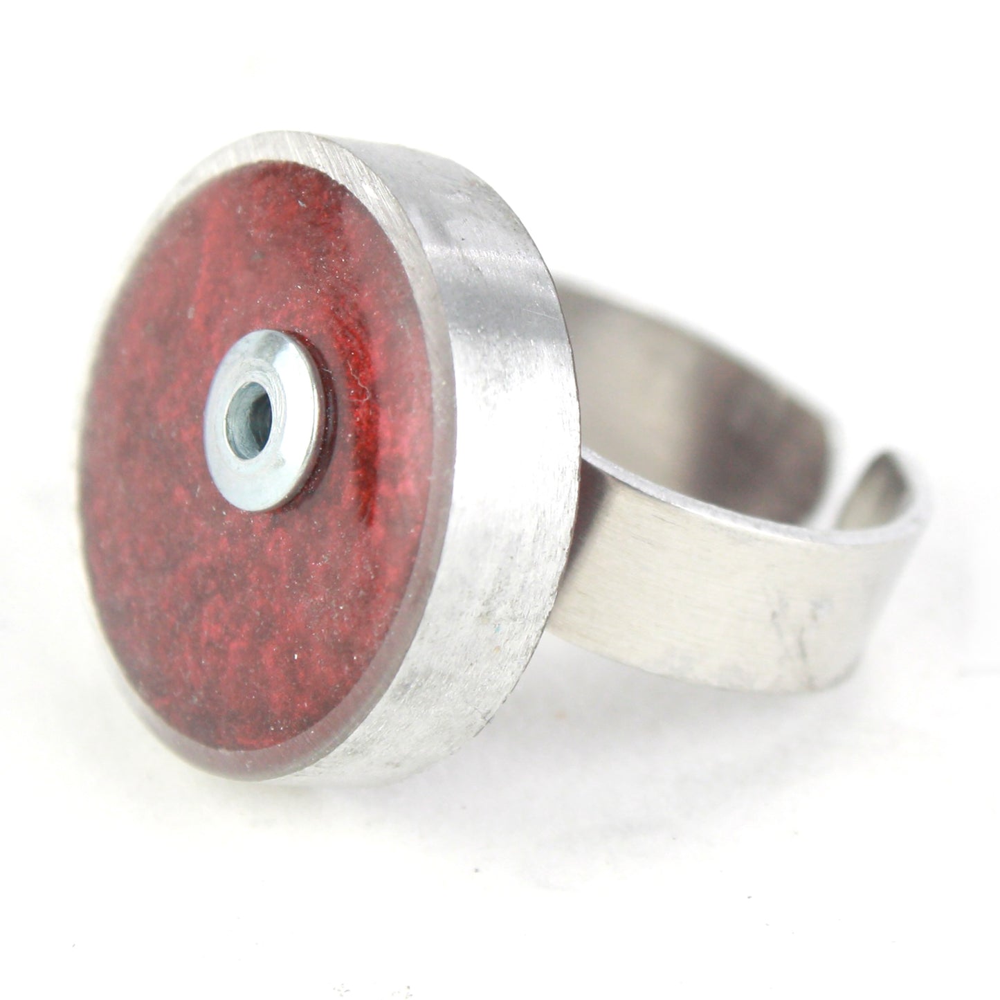 Ruby red Resinique Single Circle Ring with a deep eco-resin centerpiece set in a salvaged aluminum band. Adjustable for a custom fit.