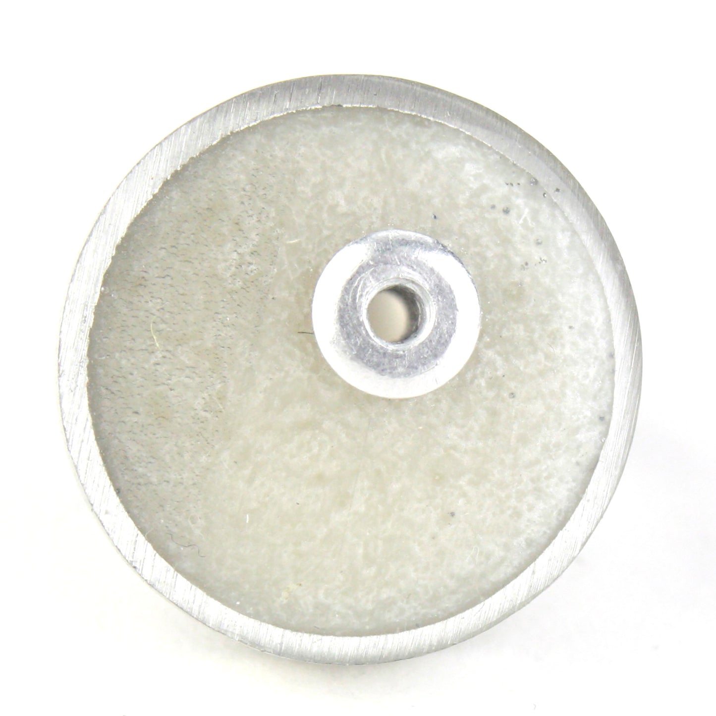 White Resinique Single Circle Ring with a pearly eco-resin centerpiece set in salvaged aluminum and an adjustable band.