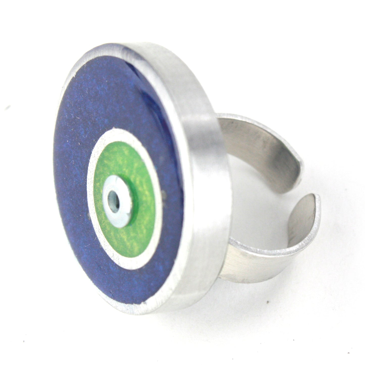 Blue and green Resinique Double Circle Ring made of eco-resin and salvaged aluminum, featuring an adjustable band for sustainable, vibrant style.