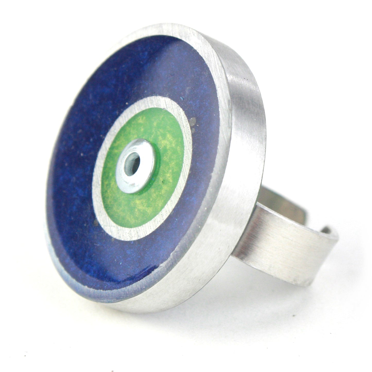 Blue and green Resinique Double Circle Ring made of eco-resin and salvaged aluminum, featuring an adjustable band for sustainable, vibrant style.