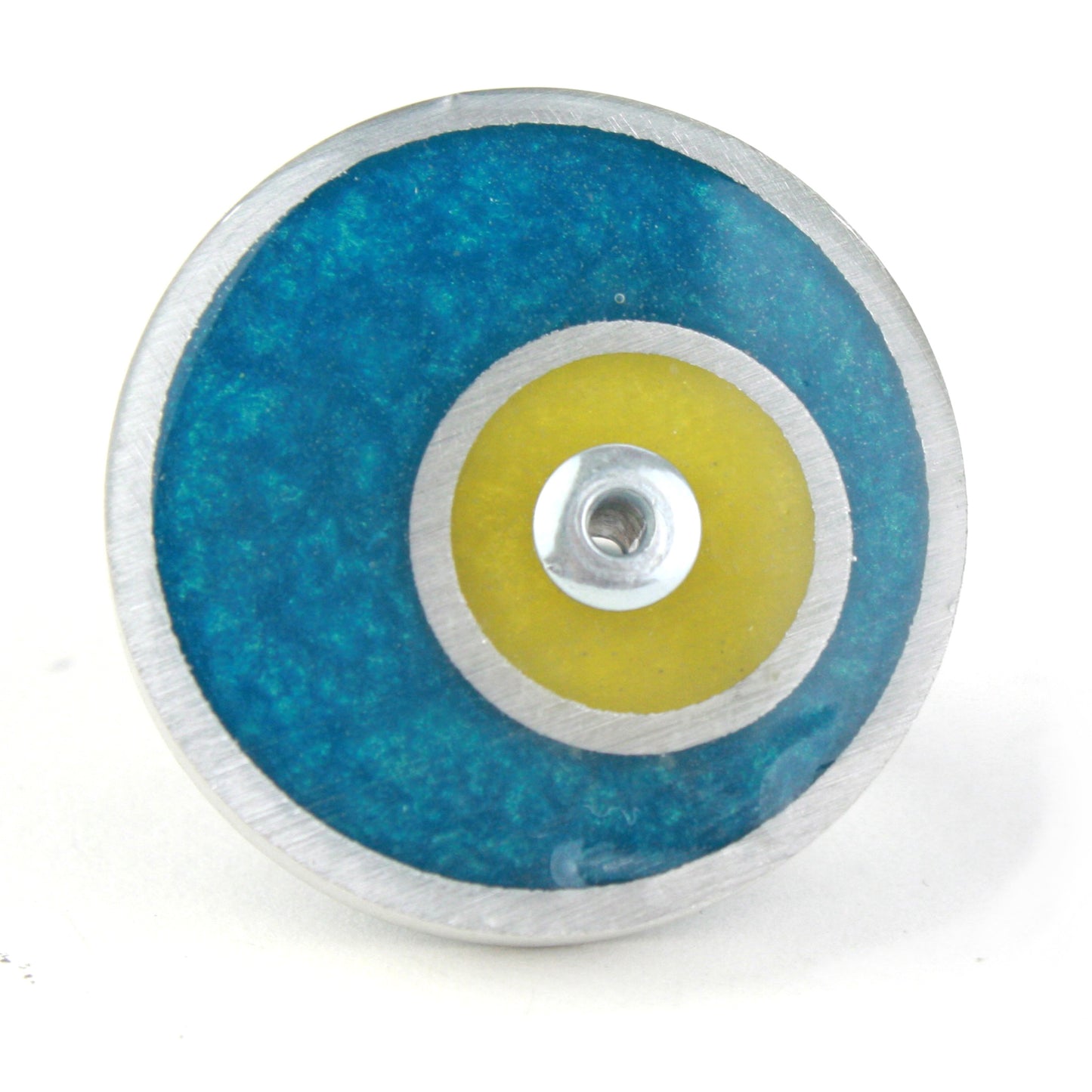 Teal and yellow Resinique Double Circle Ring crafted with eco-resin and salvaged aluminum, featuring a fully adjustable band for stylish comfort.