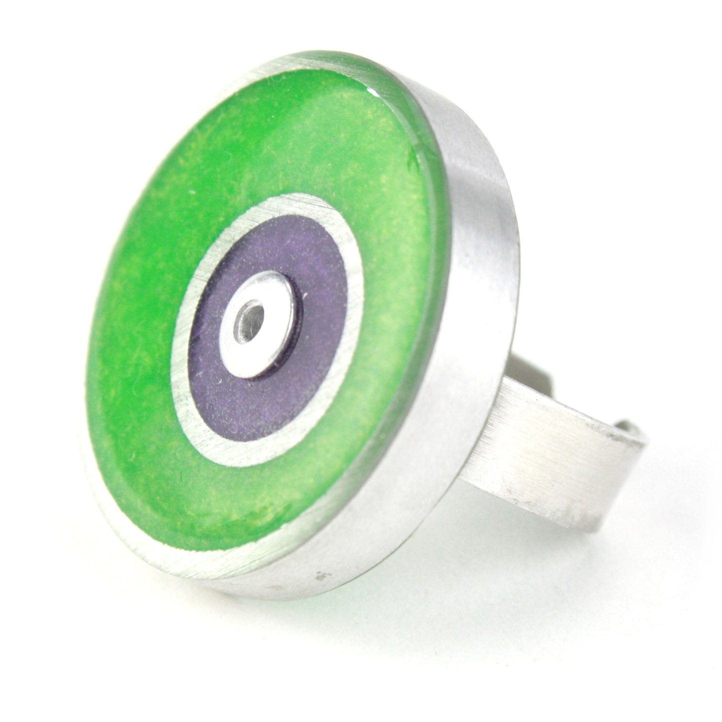 Green and purple Resinique Double Circle Ring with eco-resin and salvaged aluminum, featuring an adjustable band for a bold, eco-conscious statement.
