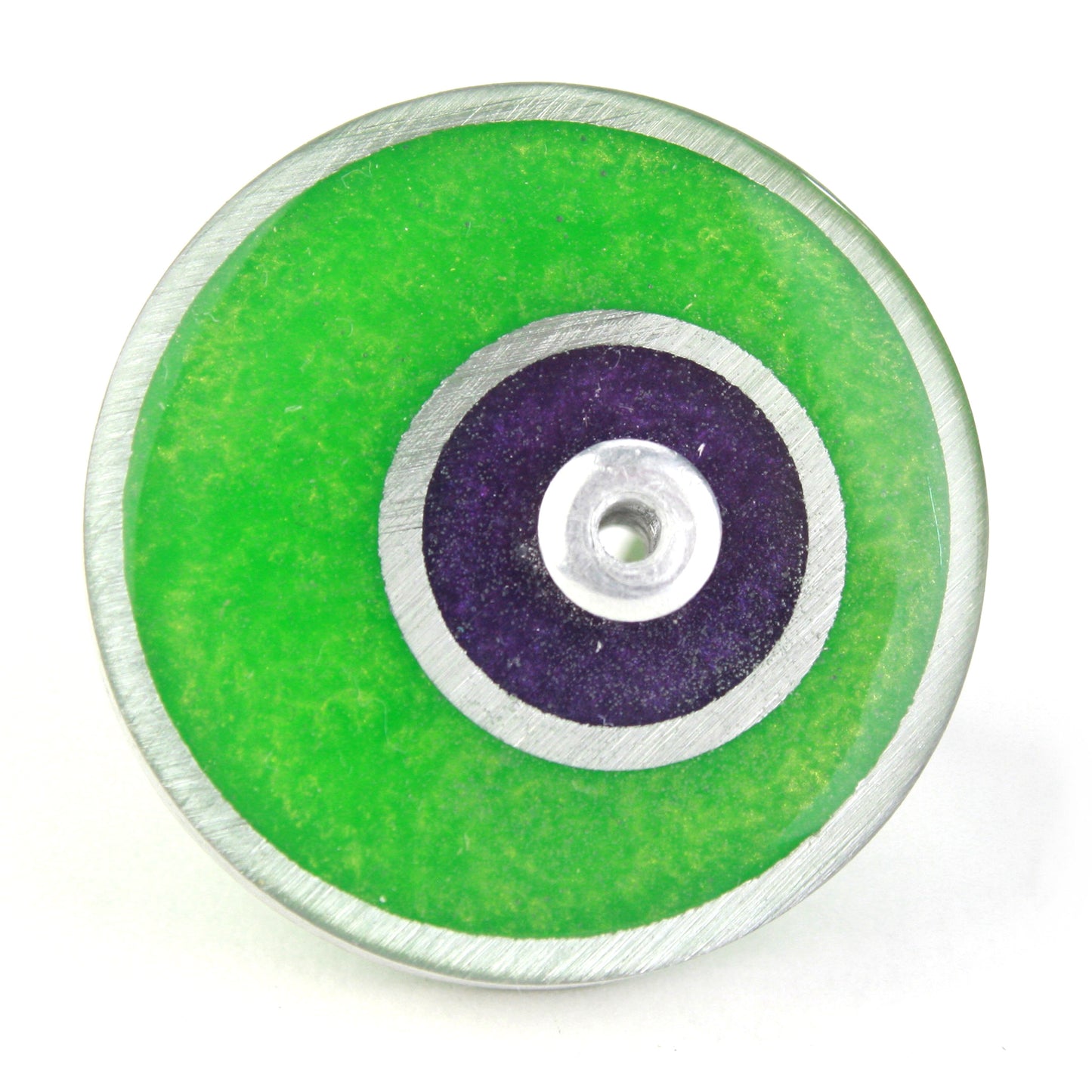 Green and purple Resinique Double Circle Ring with eco-resin and salvaged aluminum, featuring an adjustable band for a bold, eco-conscious statement.