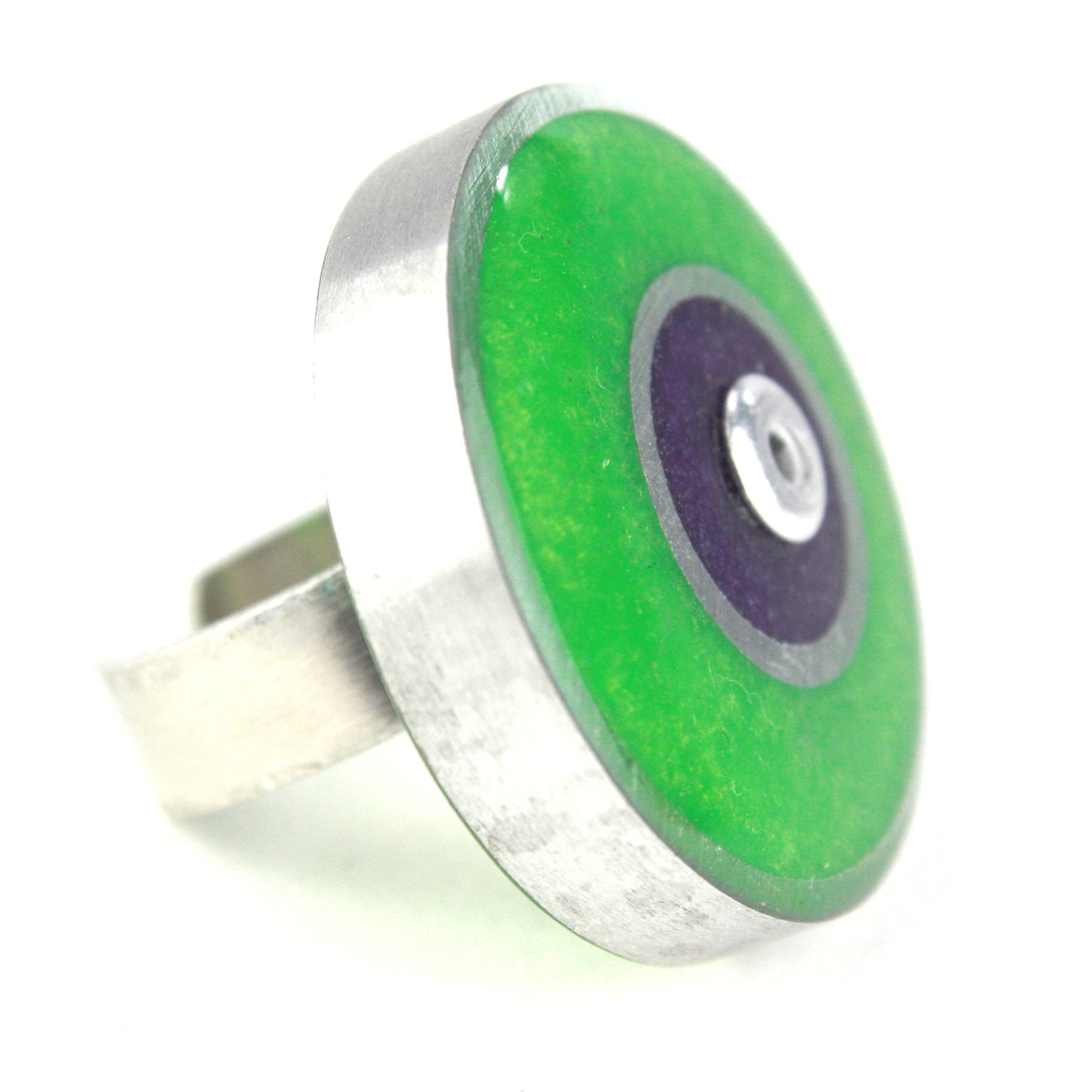 Green and purple Resinique Double Circle Ring with eco-resin and salvaged aluminum, featuring an adjustable band for a bold, eco-conscious statement.