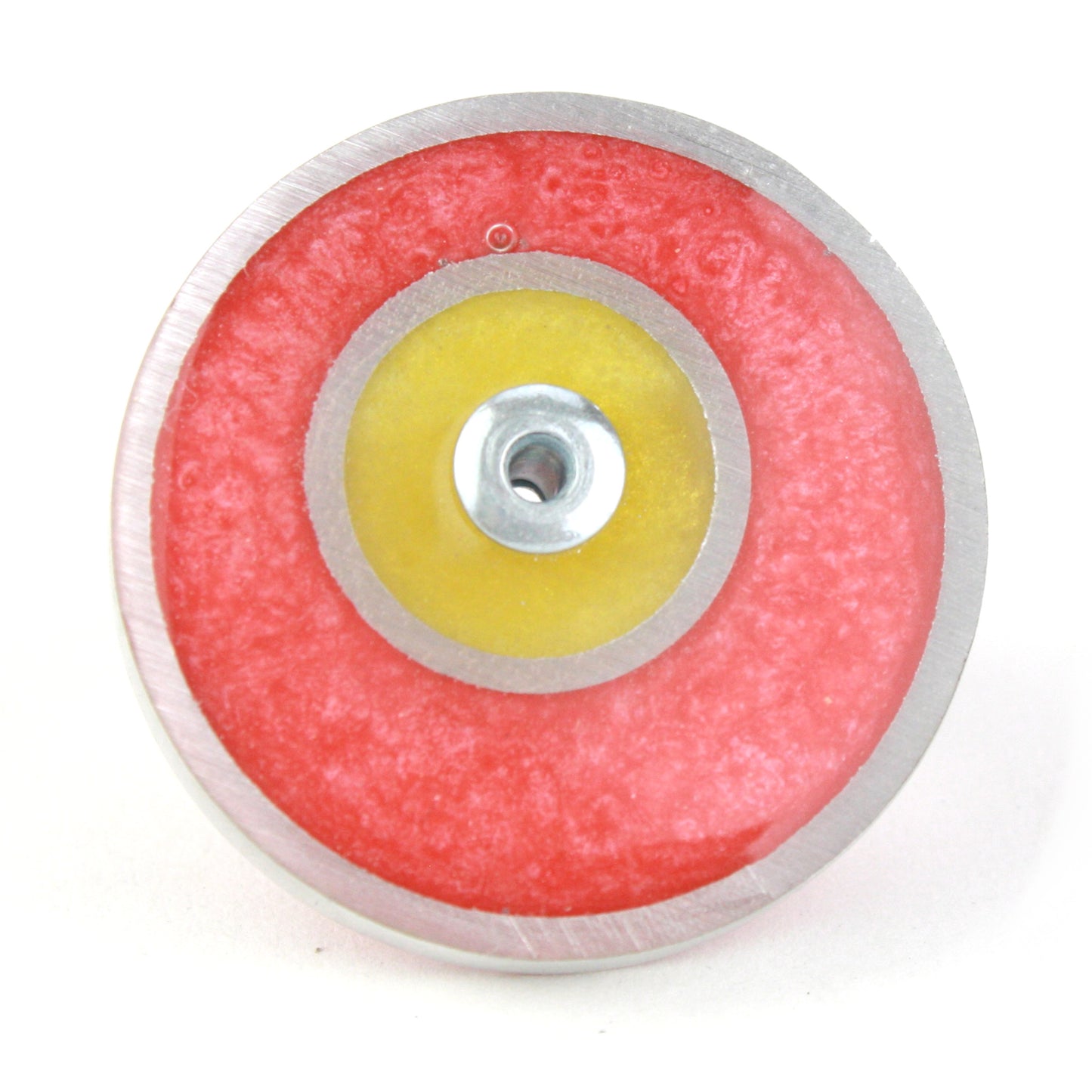 Pink and yellow Resinique Double Circle Ring with eco-resin and salvaged aluminum, featuring a fully adjustable band for playful, sustainable style.