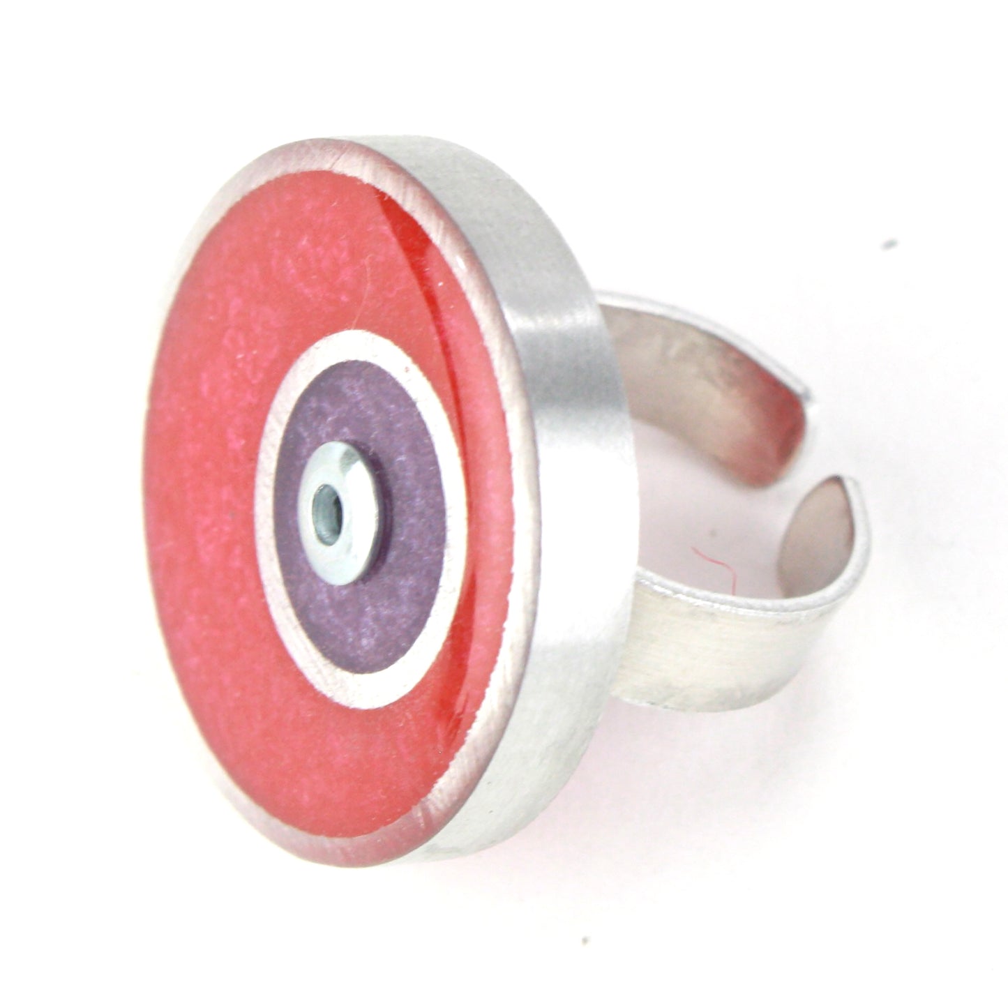 Bright red and purple double circle ring made from salvaged aluminum and eco-resin with an adjustable band.