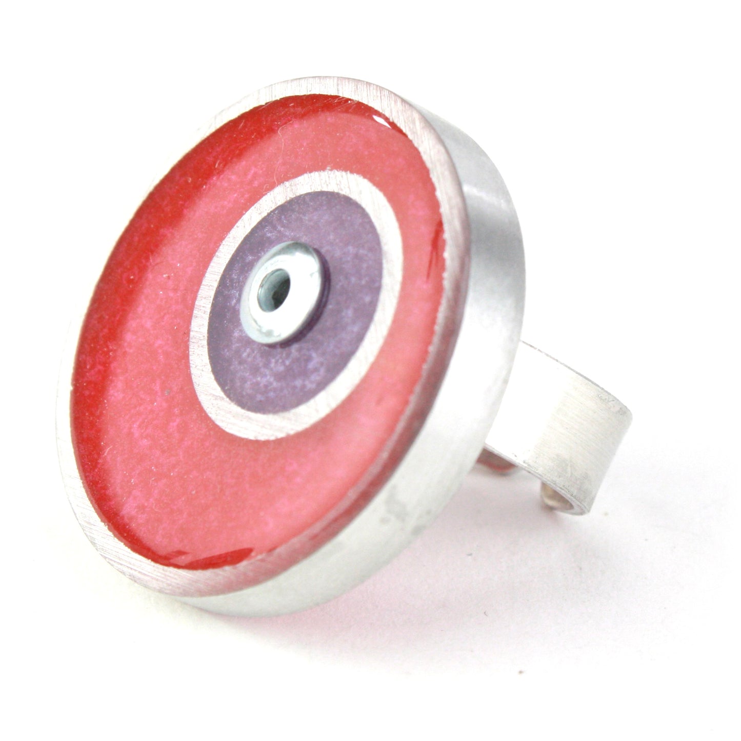 Bright red and purple double circle ring made from salvaged aluminum and eco-resin with an adjustable band.
