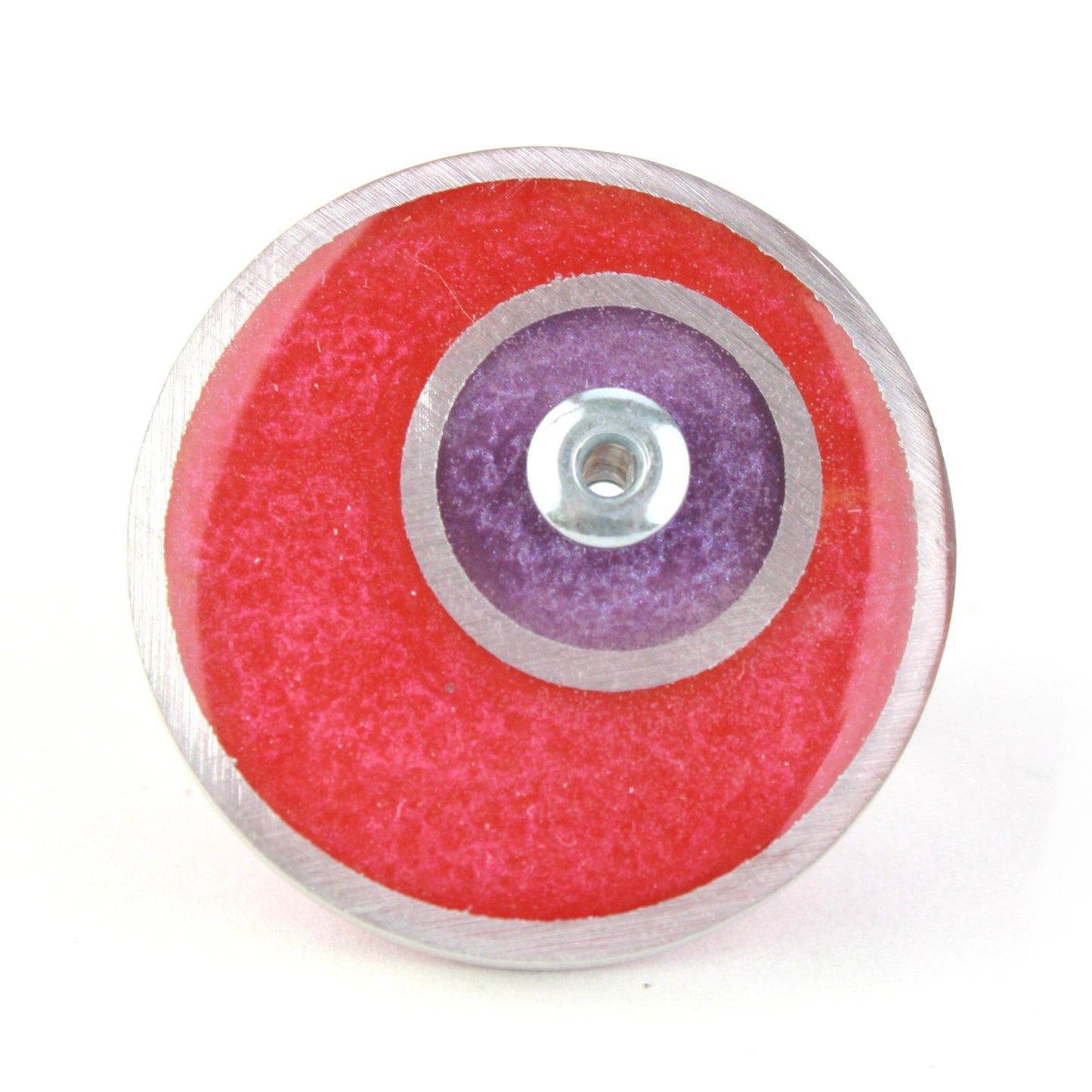Bright red and purple double circle ring made from salvaged aluminum and eco-resin with an adjustable band.