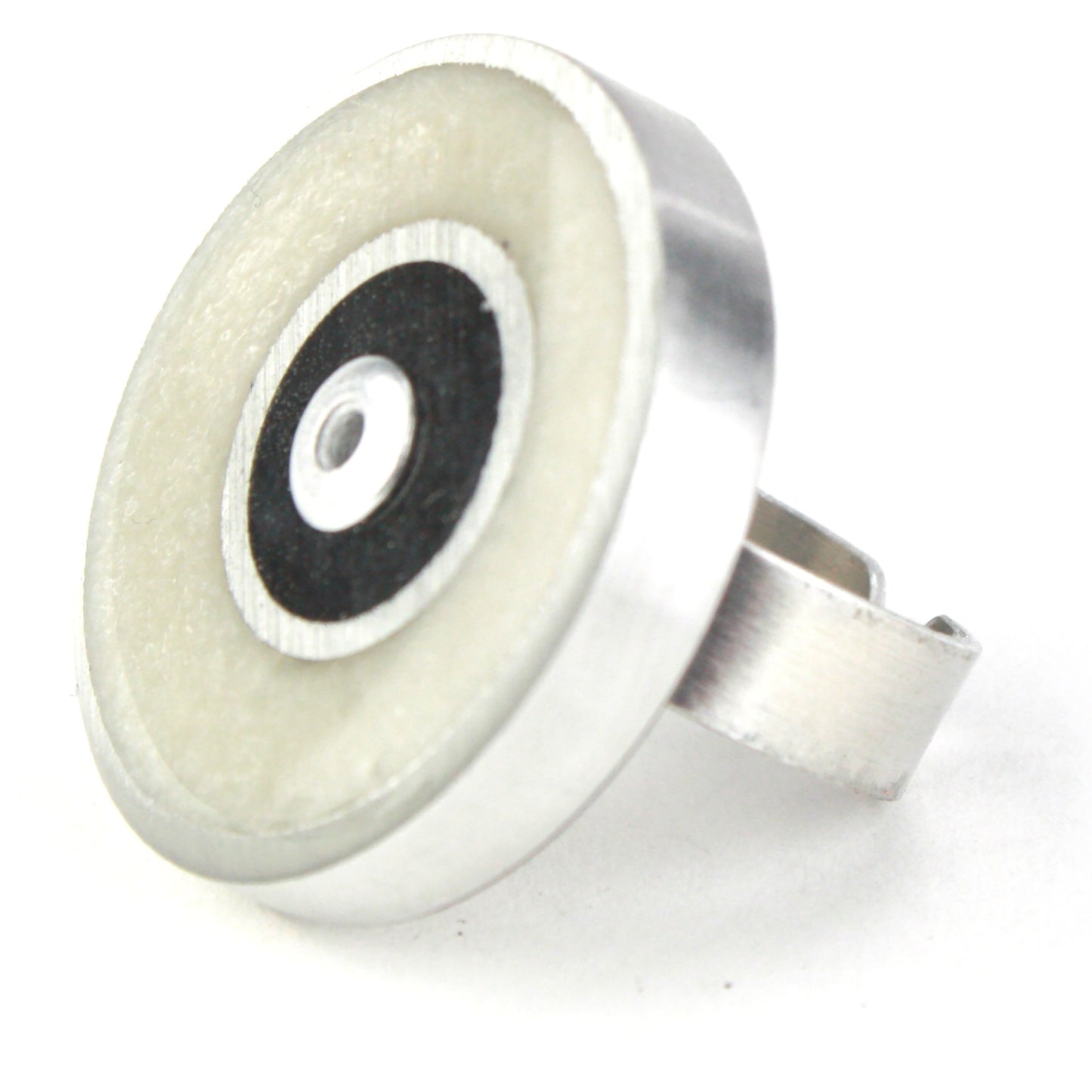 White and black Resinique Double Circle Ring crafted from eco-resin and salvaged aluminum, featuring an adjustable band for minimalist sustainable style.