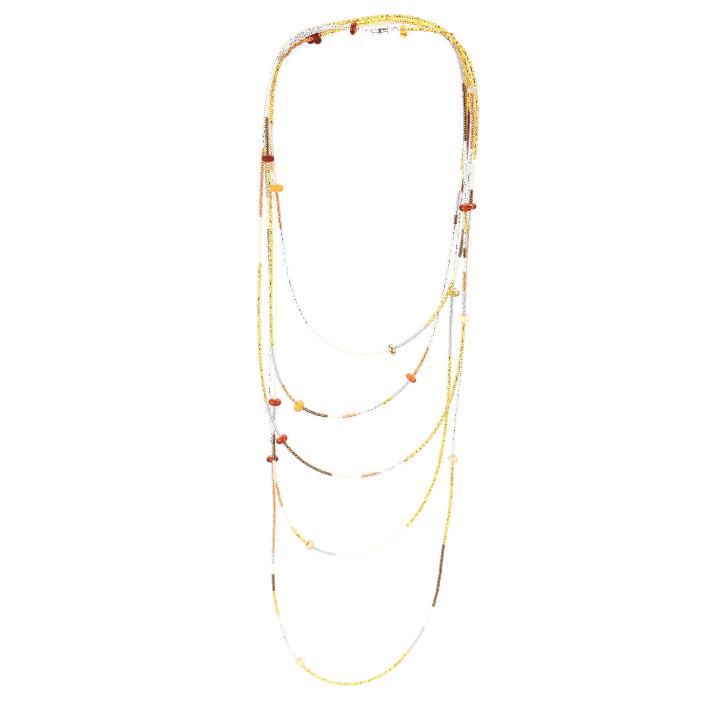 A 12-foot necklace crafted with tiny glass seed beads in warm golden, amber, and earthy tones, accented by handcrafted lampworked beads. Featuring a secure barrel screw clasp, this versatile piece can be styled as a layered necklace or wrapped around the wrist as a bracelet.