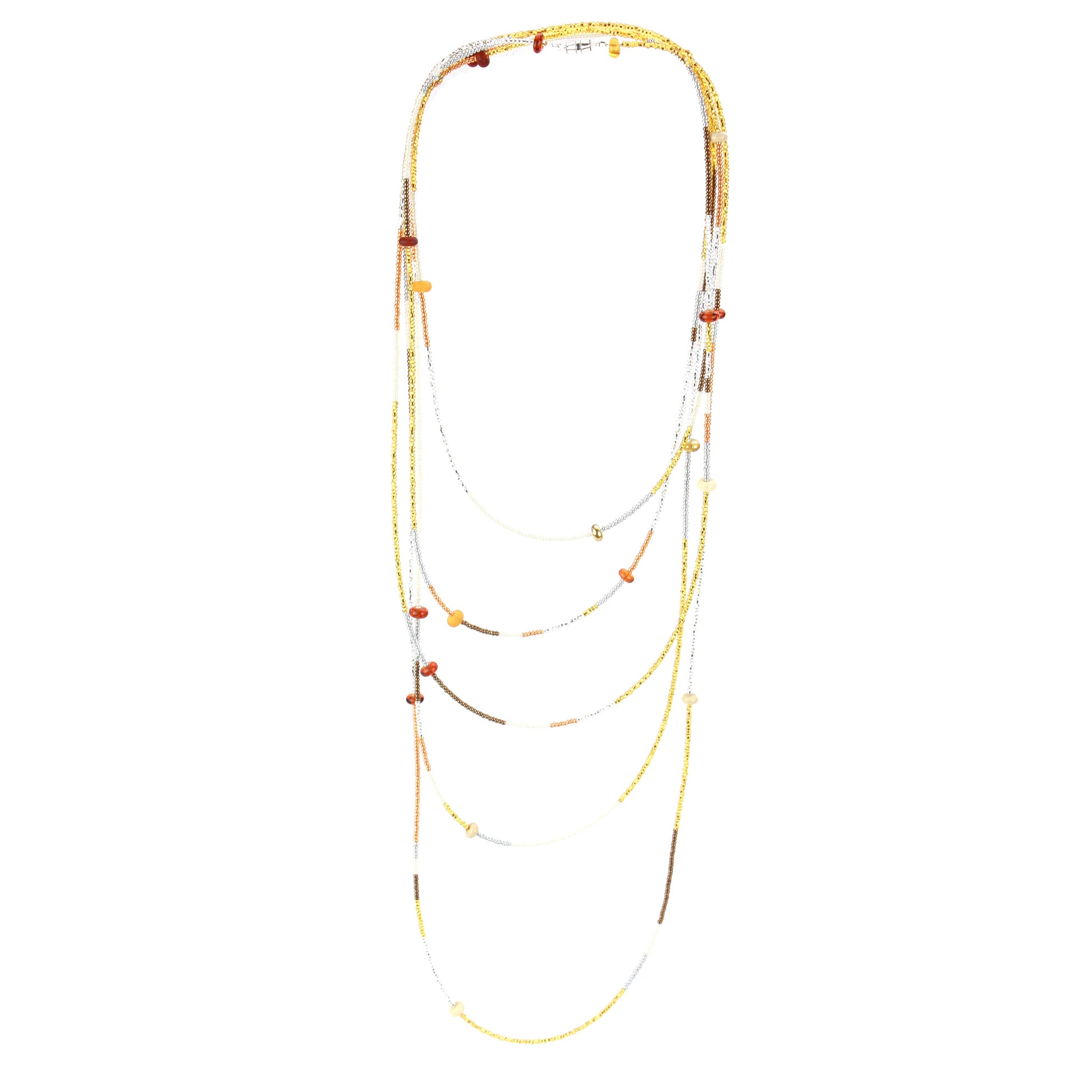 A 12-foot necklace crafted with tiny glass seed beads in warm golden, amber, and earthy tones, accented by handcrafted lampworked beads. Featuring a secure barrel screw clasp, this versatile piece can be styled as a layered necklace or wrapped around the wrist as a bracelet.