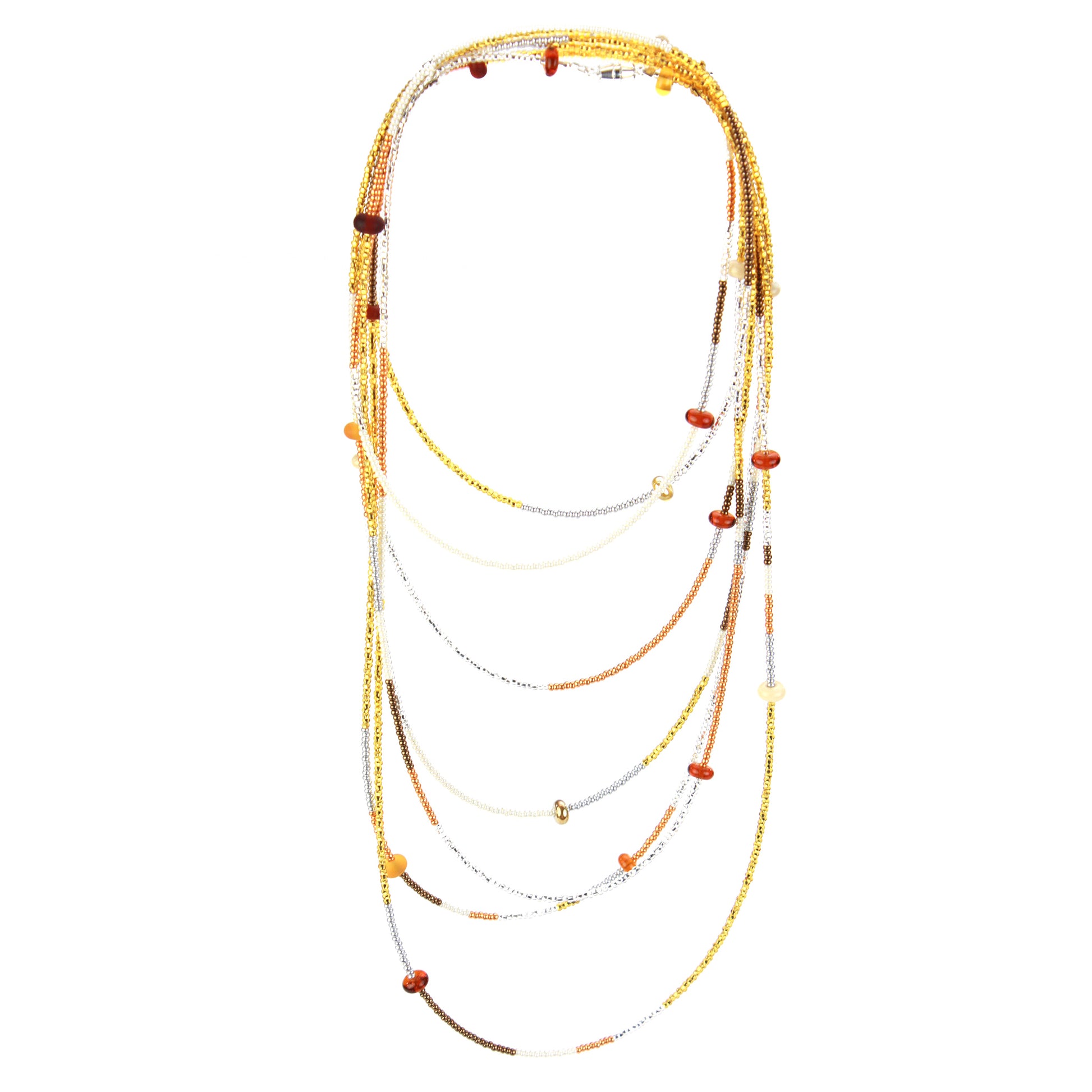 A 12-foot necklace crafted with tiny glass seed beads in warm golden, amber, and earthy tones, accented by handcrafted lampworked beads. Featuring a secure barrel screw clasp, this versatile piece can be styled as a layered necklace or wrapped around the wrist as a bracelet.