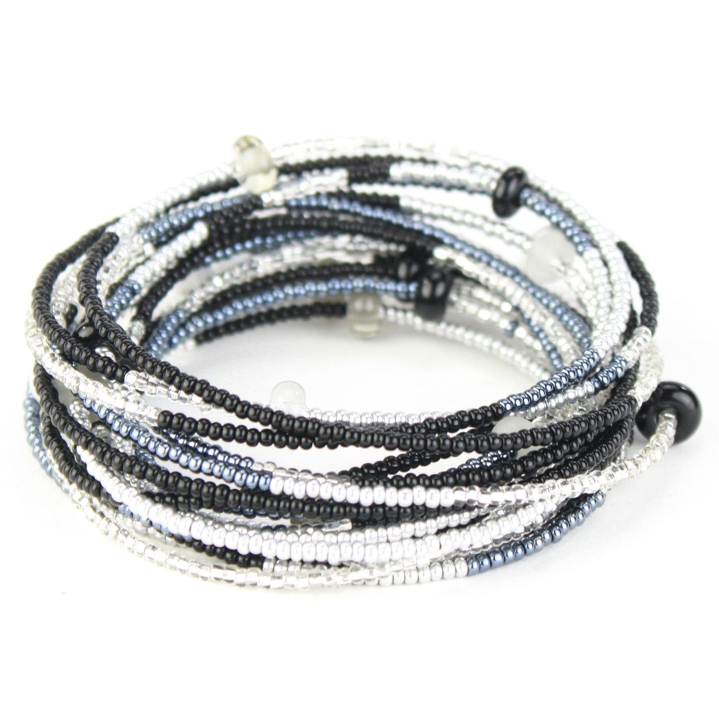 A 12-foot necklace made of black, white, and silver glass seed beads with handcrafted accents, styled here as a wrap bracelet. Its versatile design allows it to be worn as a long necklace, layered, or wrapped around the wrist for a bold bracelet look.