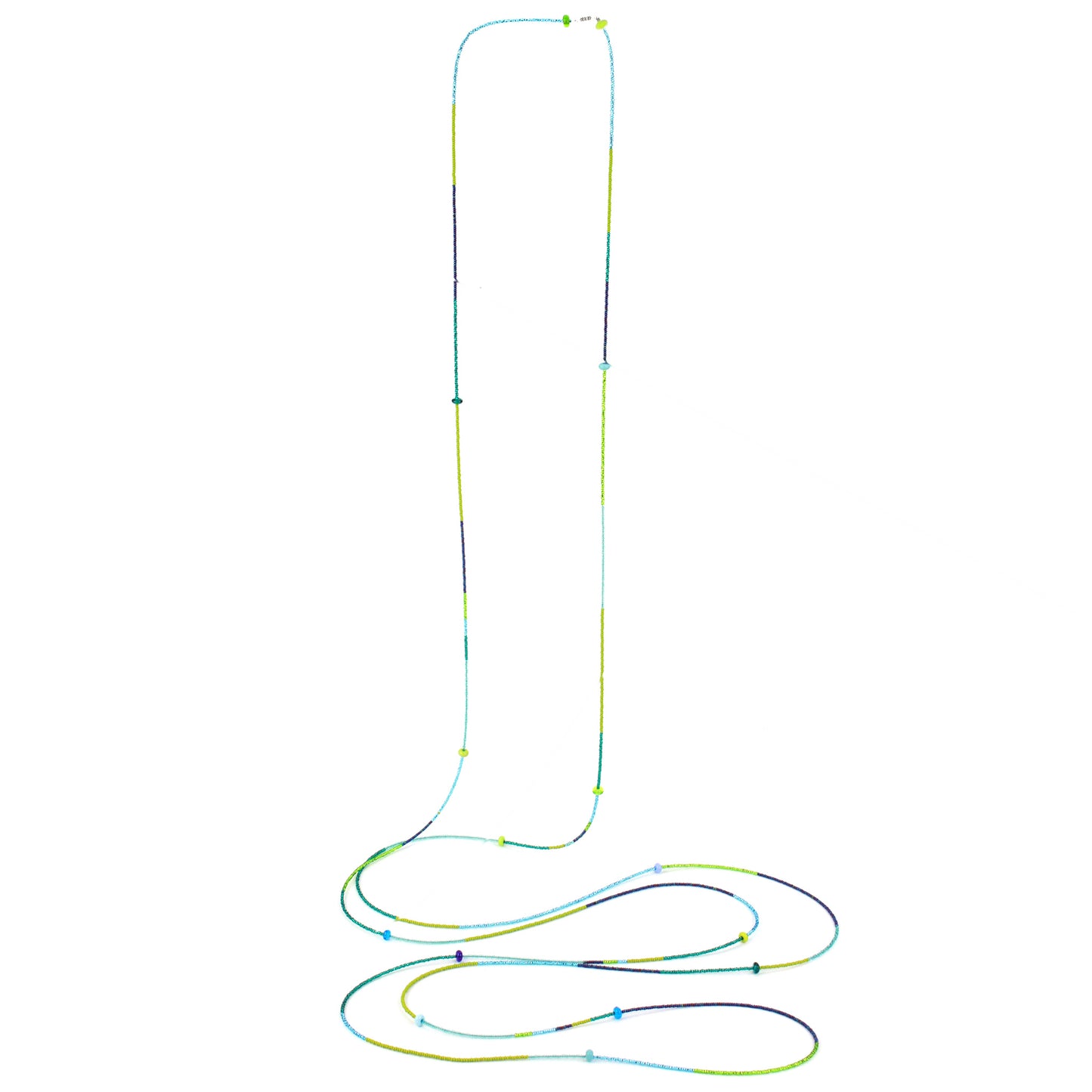 A vibrant 12-foot necklace made of glass seed beads in shades of green, blue, and teal, accented with handcrafted lampworked glass beads. The necklace features a versatile design with a secure barrel screw clasp, perfect for layering or wearing long for a bold, colorful statement.