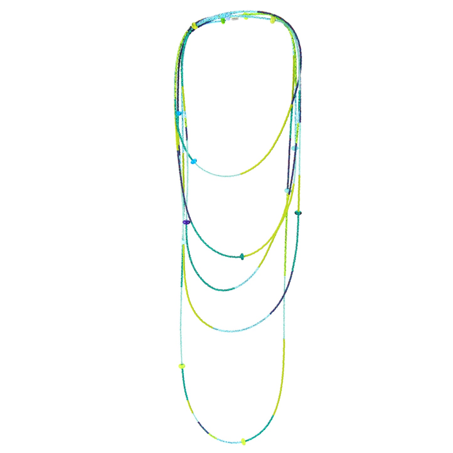 A vibrant 12-foot necklace made of glass seed beads in shades of green, blue, and teal, accented with handcrafted lampworked glass beads. The necklace features a versatile design with a secure barrel screw clasp, perfect for layering or wearing long for a bold, colorful statement.