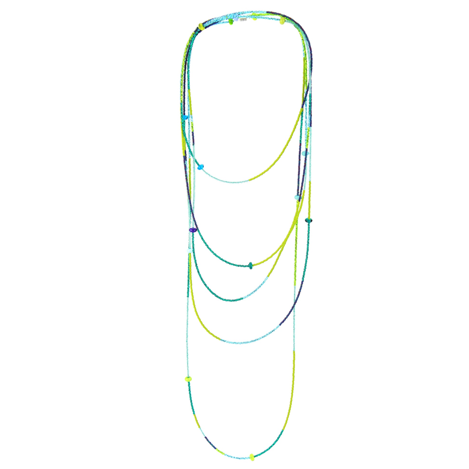 A vibrant 12-foot necklace made of glass seed beads in shades of green, blue, and teal, accented with handcrafted lampworked glass beads. The necklace features a versatile design with a secure barrel screw clasp, perfect for layering or wearing long for a bold, colorful statement.