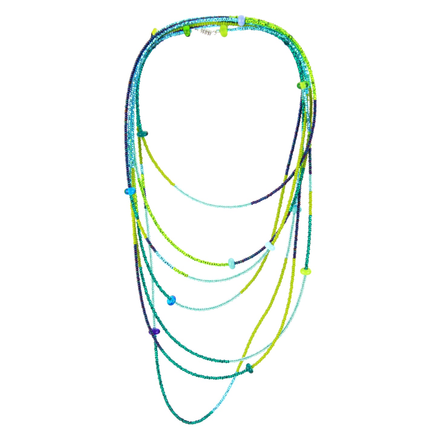 A vibrant 12-foot necklace made of glass seed beads in shades of green, blue, and teal, accented with handcrafted lampworked glass beads. The necklace features a versatile design with a secure barrel screw clasp, perfect for layering or wearing long for a bold, colorful statement.