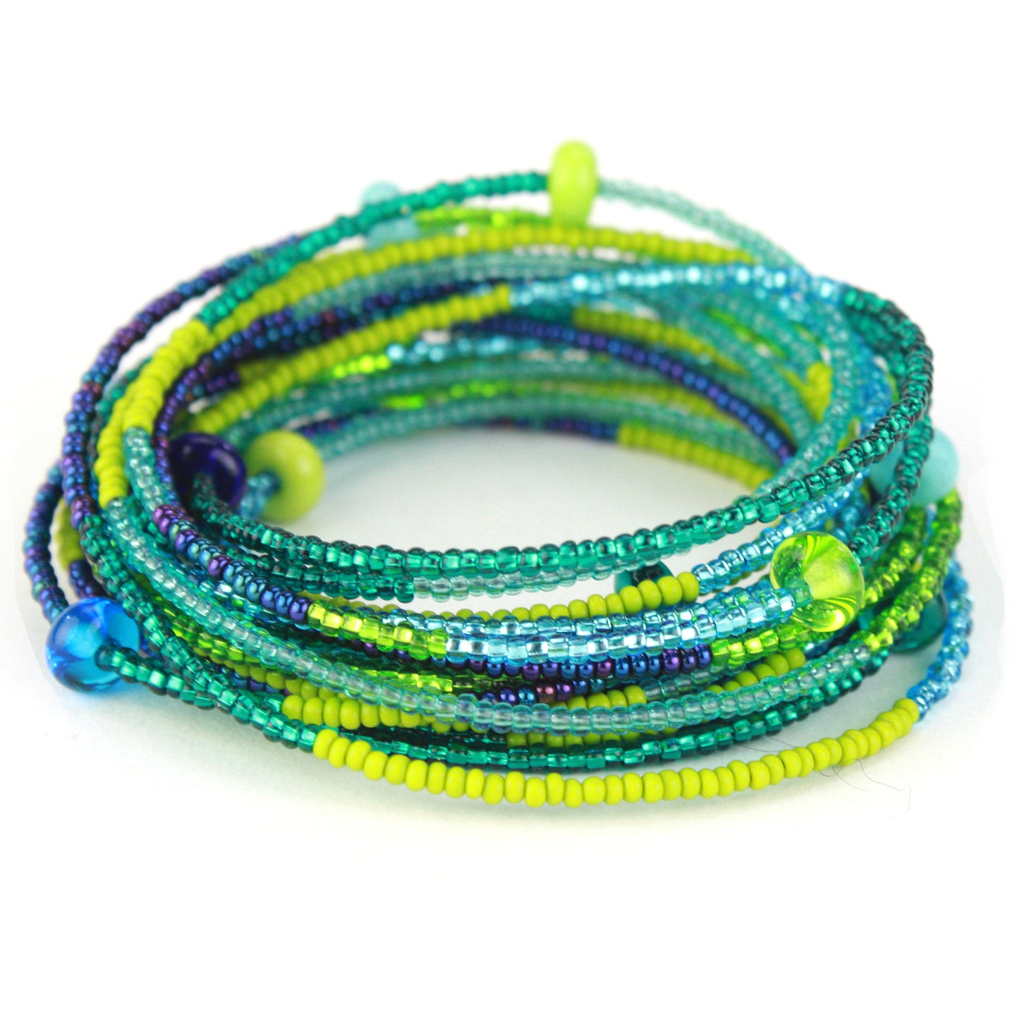 A vibrant 12-foot necklace featuring glass seed beads in shades of green, blue, and yellow, accented with handcrafted lampworked beads. Shown here wrapped as a bracelet, its versatile design allows it to be worn long, layered, or styled as a bold multi-strand bracelet.