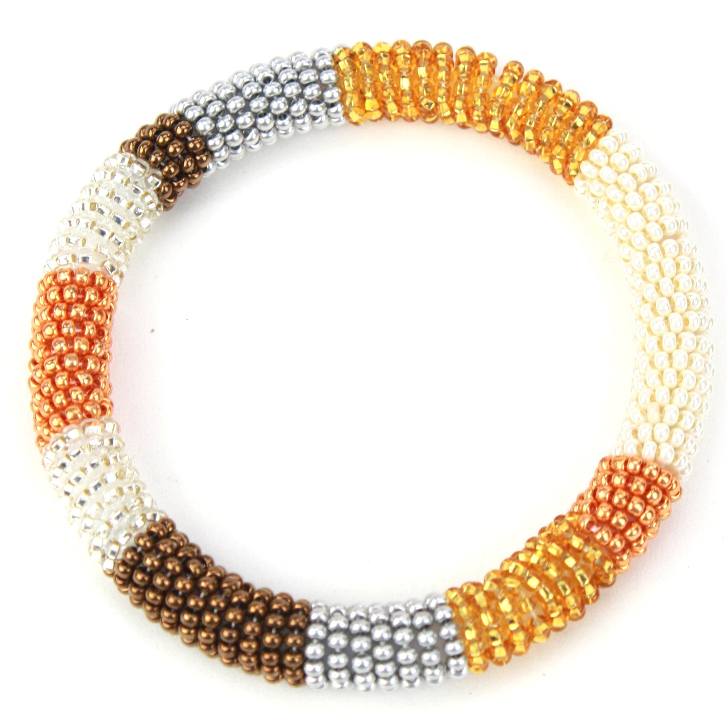 A bangle-style bracelet made with tiny glass beads in gold, bronze, silver, and cream tones, wrapped around a flexible silicone core for an easy slide-on design.
