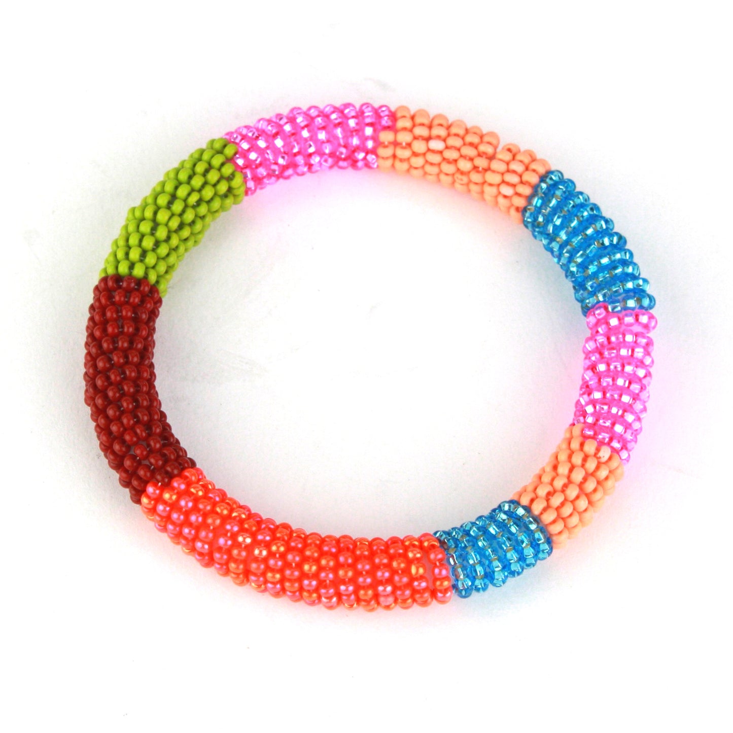 A colorful bangle bracelet featuring tiny glass beads in bold shades of pink, blue, orange, green, and red, wrapped around a flexible silicone core for easy wear.