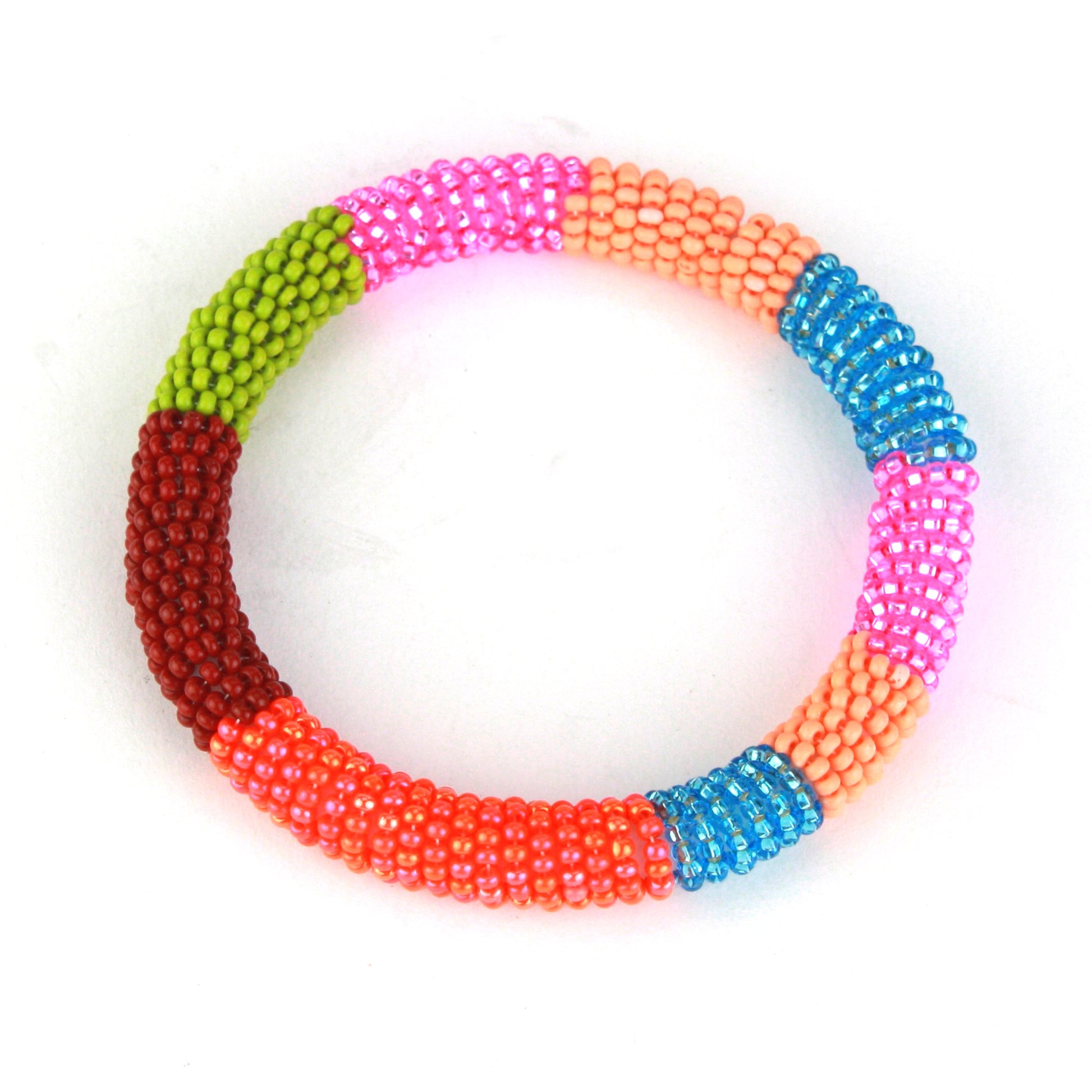 A colorful bangle bracelet featuring tiny glass beads in bold shades of pink, blue, orange, green, and red, wrapped around a flexible silicone core for easy wear.