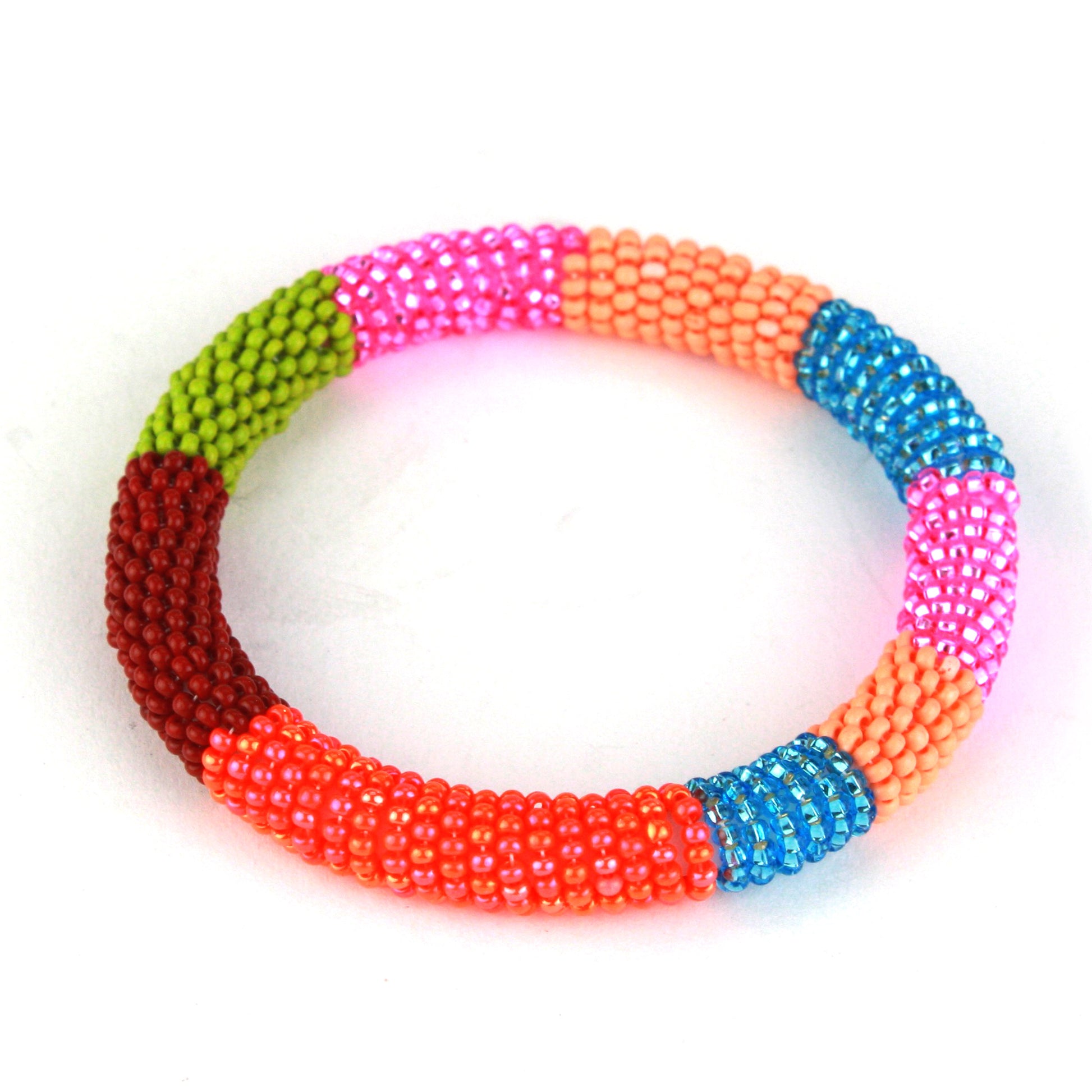 A colorful bangle bracelet featuring tiny glass beads in bold shades of pink, blue, orange, green, and red, wrapped around a flexible silicone core for easy wear.