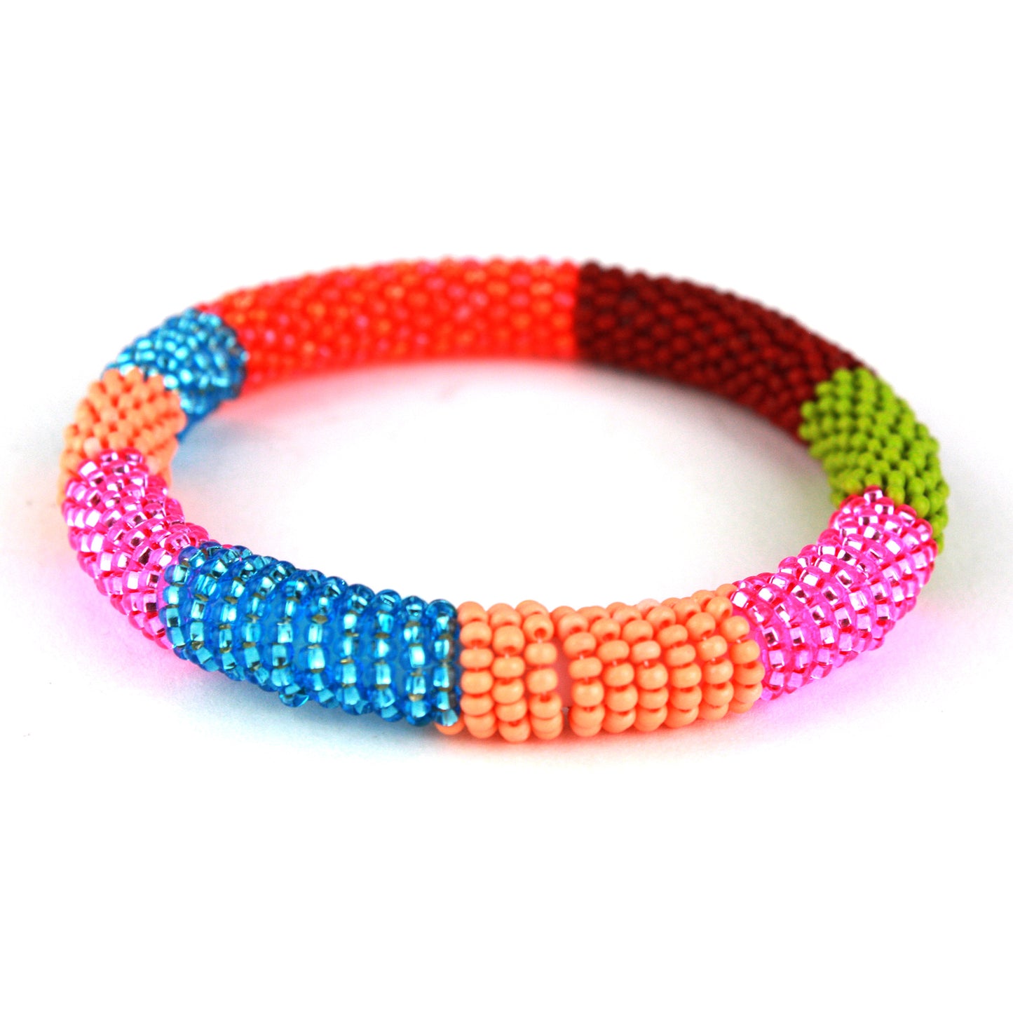 A colorful bangle bracelet featuring tiny glass beads in bold shades of pink, blue, orange, green, and red, wrapped around a flexible silicone core for easy wear.