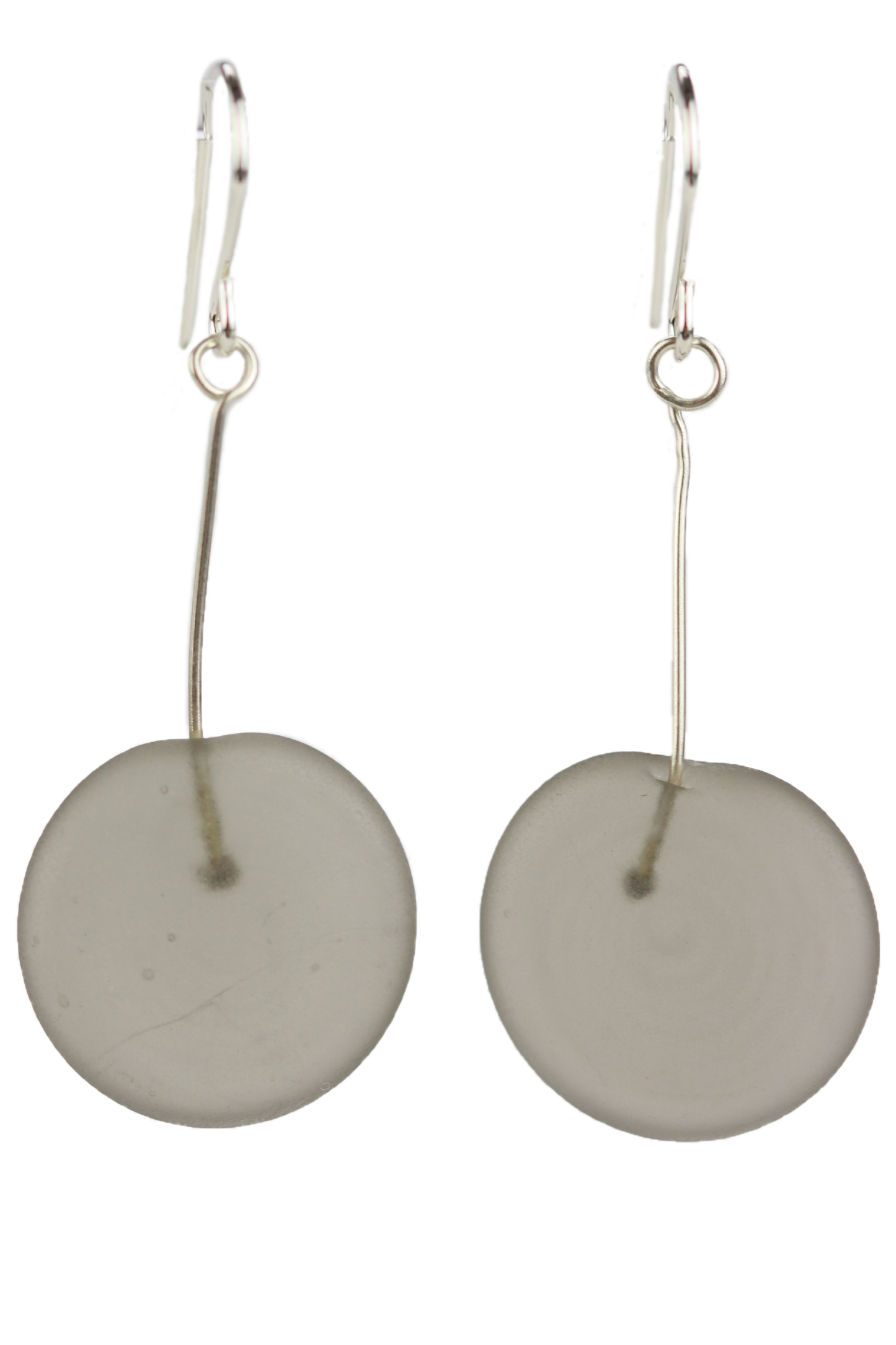 Matte Grey Tab Earrings with hand-blown glass disks in a soft finish, suspended on sterling silver wire and ear wires.