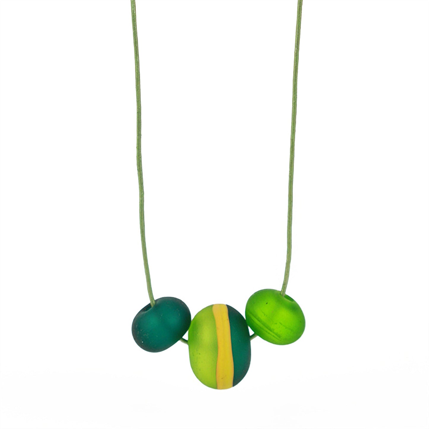 Soft Stripes Necklace with three hand-blown sandblasted glass beads in light green, dark green, and yellow ochre accents, on an adjustable fine leather cord.